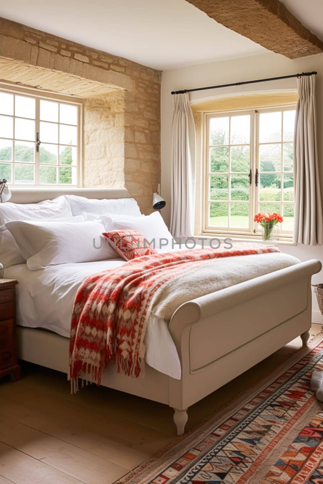 Cottage bedroom decor, interior design and holiday rental, bed with elegant bedding linen and antique furniture, English country house and farmhouse style idea