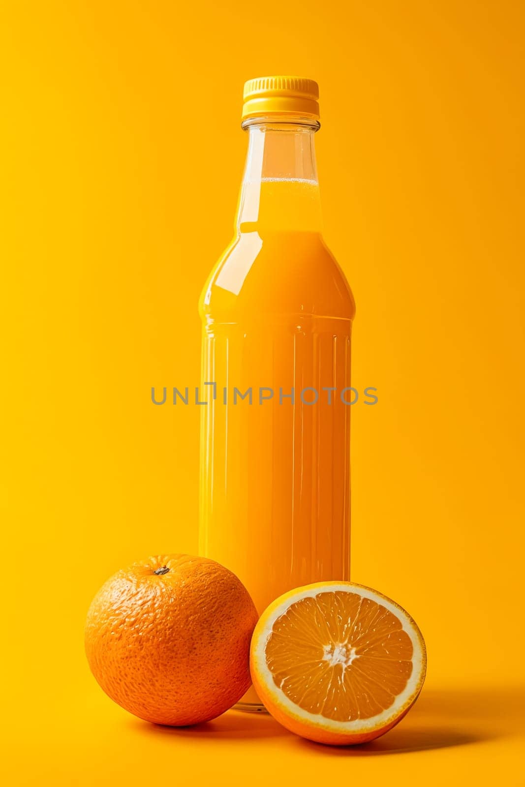 A bottle of orange juice is on a table next to an orange. The bottle is half full and the orange is cut in half. Generative AI