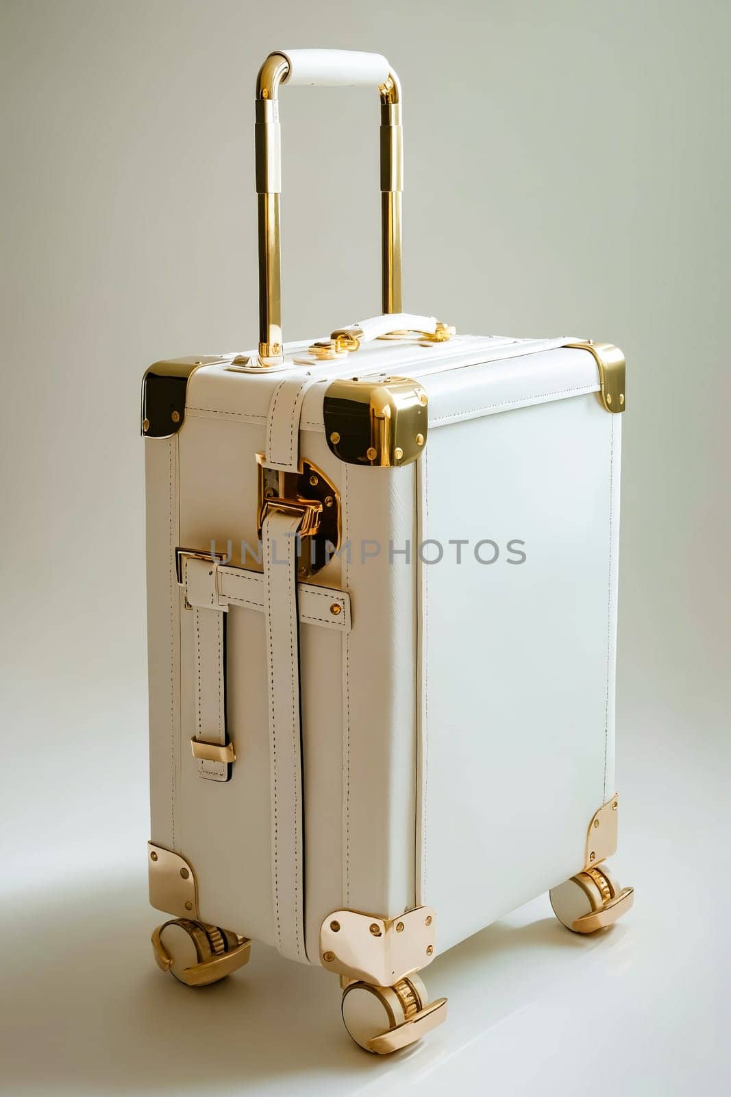 A white suitcase with gold handles sits on a white background. The suitcase is made of leather and has gold accents. It is a high-end, luxury item. Generative AI