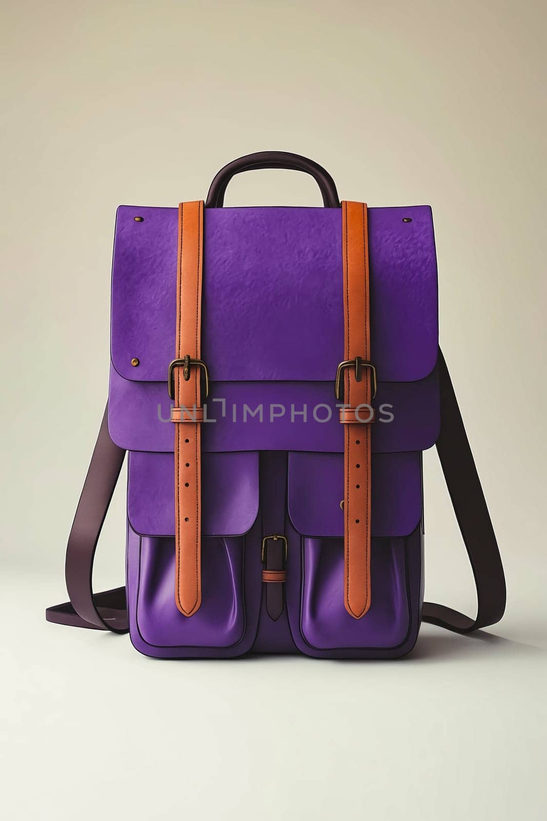 A purple and brown leather backpack with a brown strap. The strap is attached to the backpack and is visible on the right side of the backpack. Generative AI