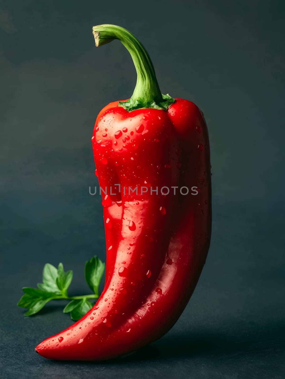 A red pepper is sitting on a dark surface with a leafy green stem. The pepper is wet and he is fresh. Generative AI