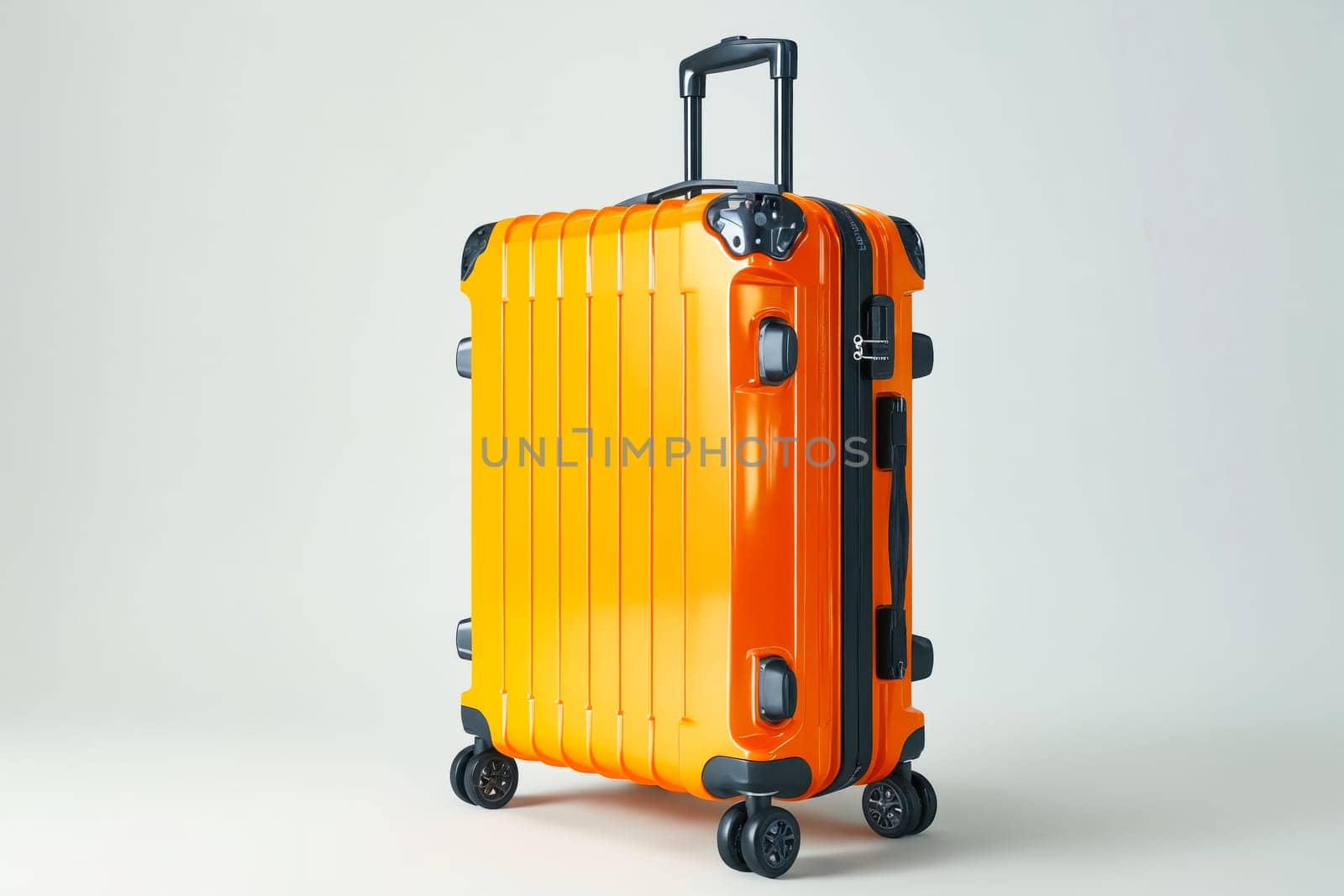 A bright orange suitcase with wheels sits on a white background. The suitcase is open and ready to be packed. Generative AI