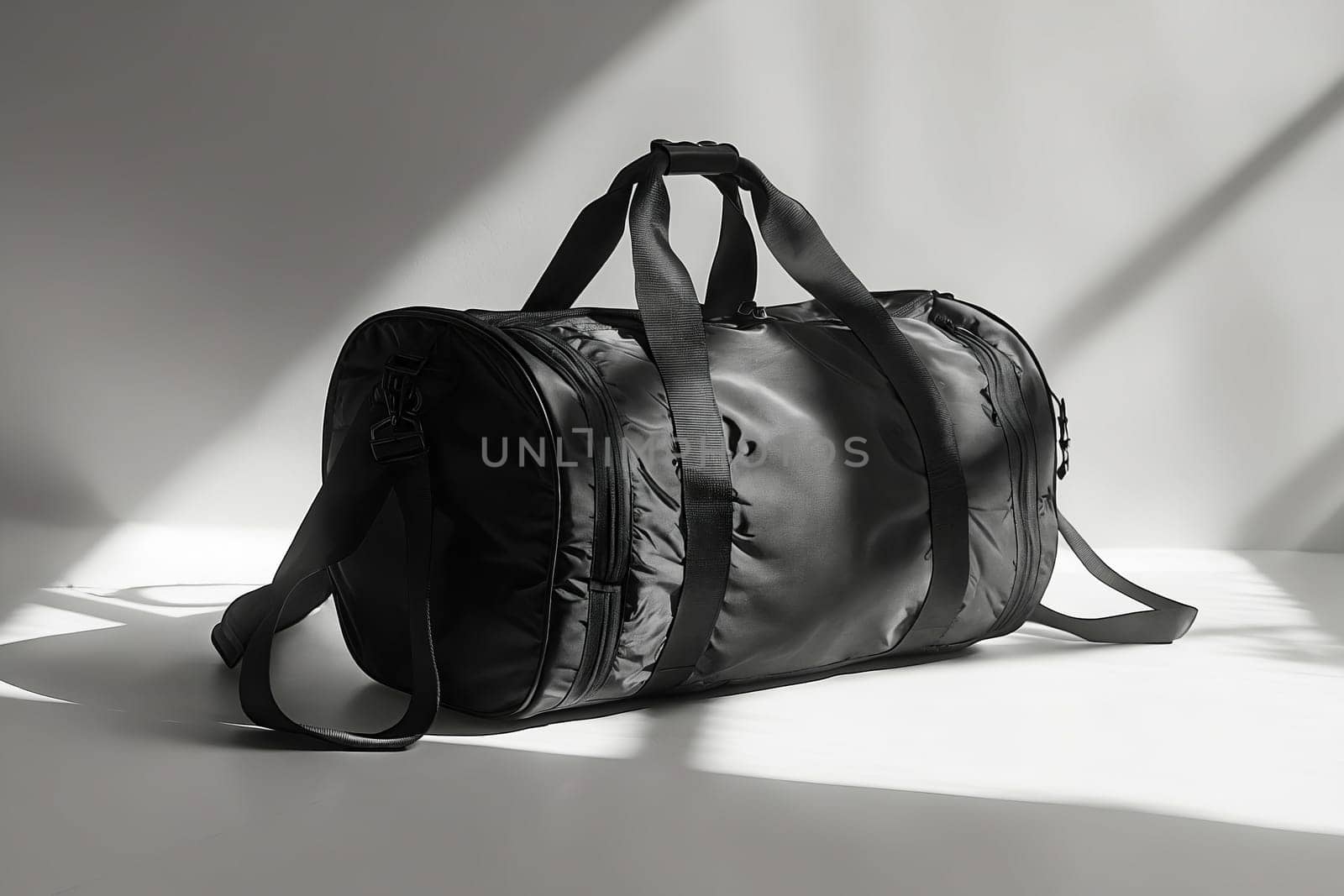 A black duffle bag sits on a white surface. The bag is large and has a black strap. Concept of travel and adventure, as the bag is likely used for carrying belongings during a trip. Generative AI
