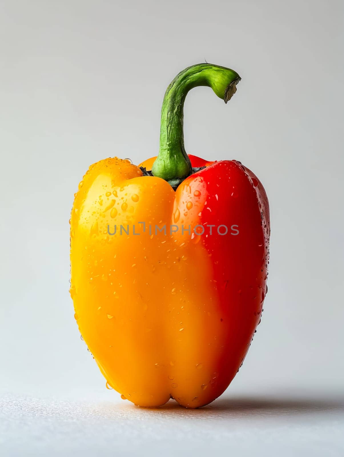 A red and yellow pepper is sitting on a white surface. The pepper is wet and has a green stem. Generative AI