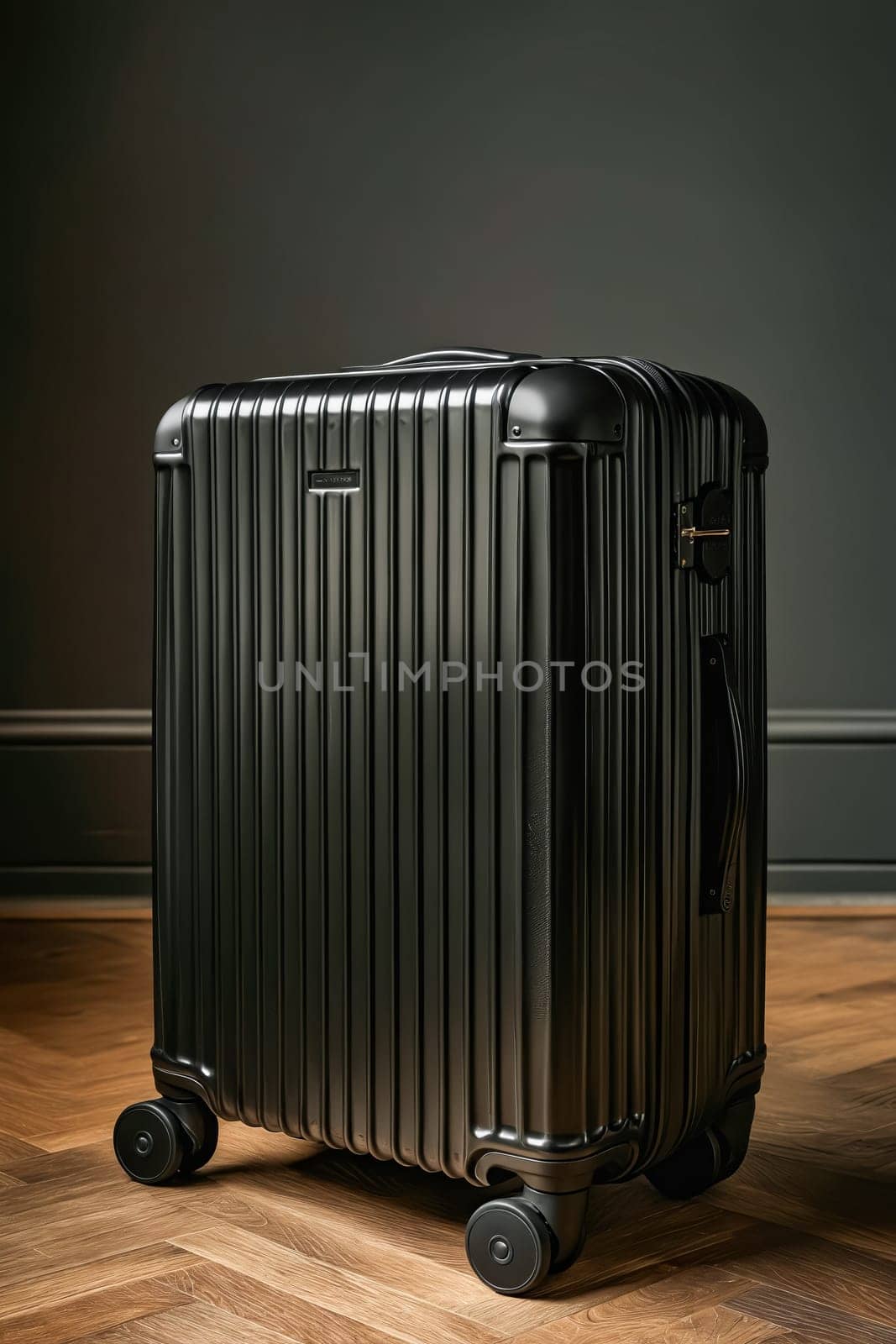 A black suitcase with silver stripes sits on a wooden floor. The suitcase is made of metal and has wheels for easy transportation. Generative AI