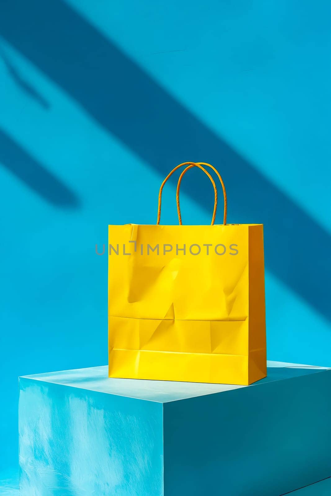 A yellow shopping bag is sitting on a blue pedestal. The bag is slightly torn and has a unique design. Generative AI