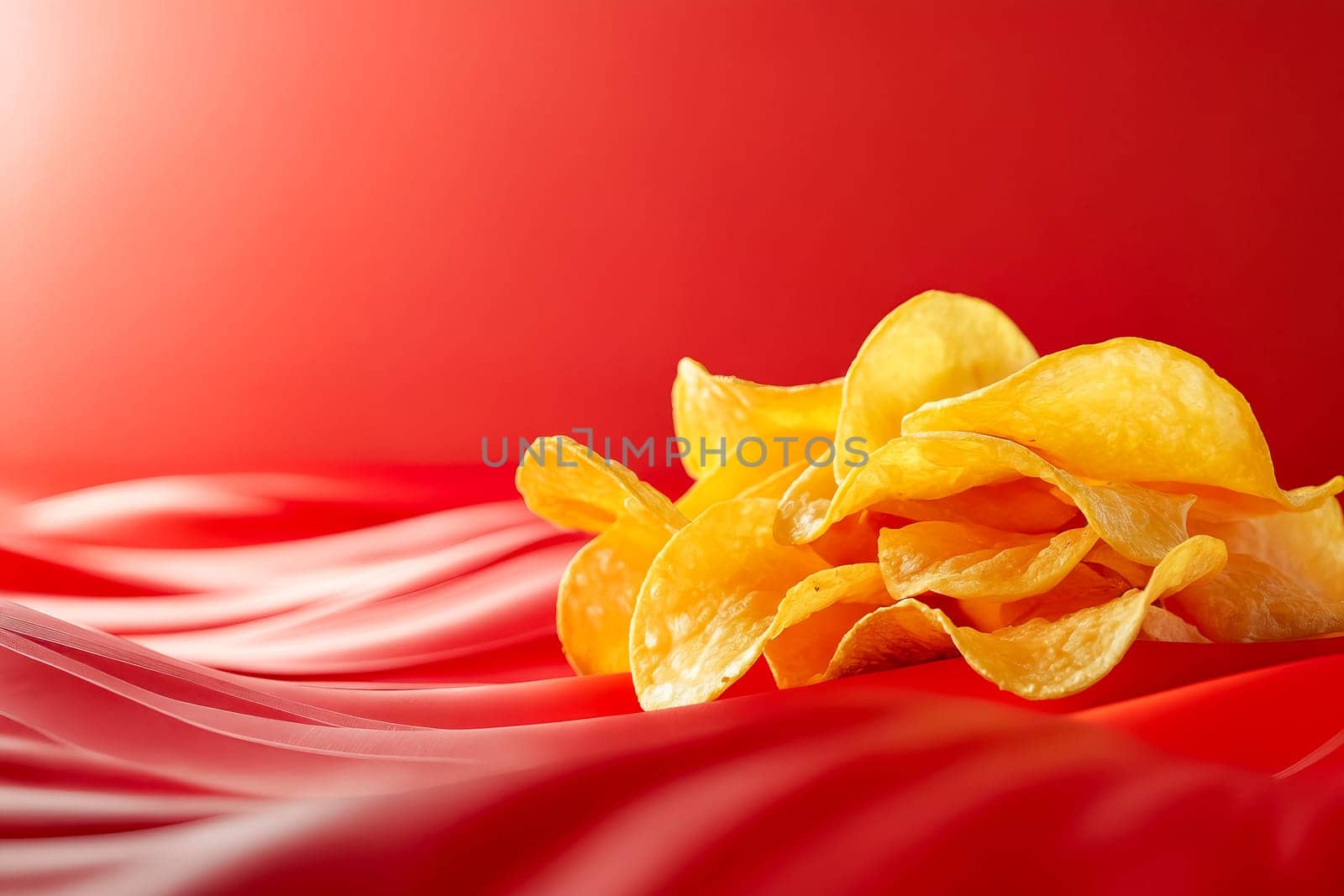 A pile of yellow chips on a red background. The chips are arranged in a way that they look like they are floating on the surface. The image has a playful and casual mood. Generative AI
