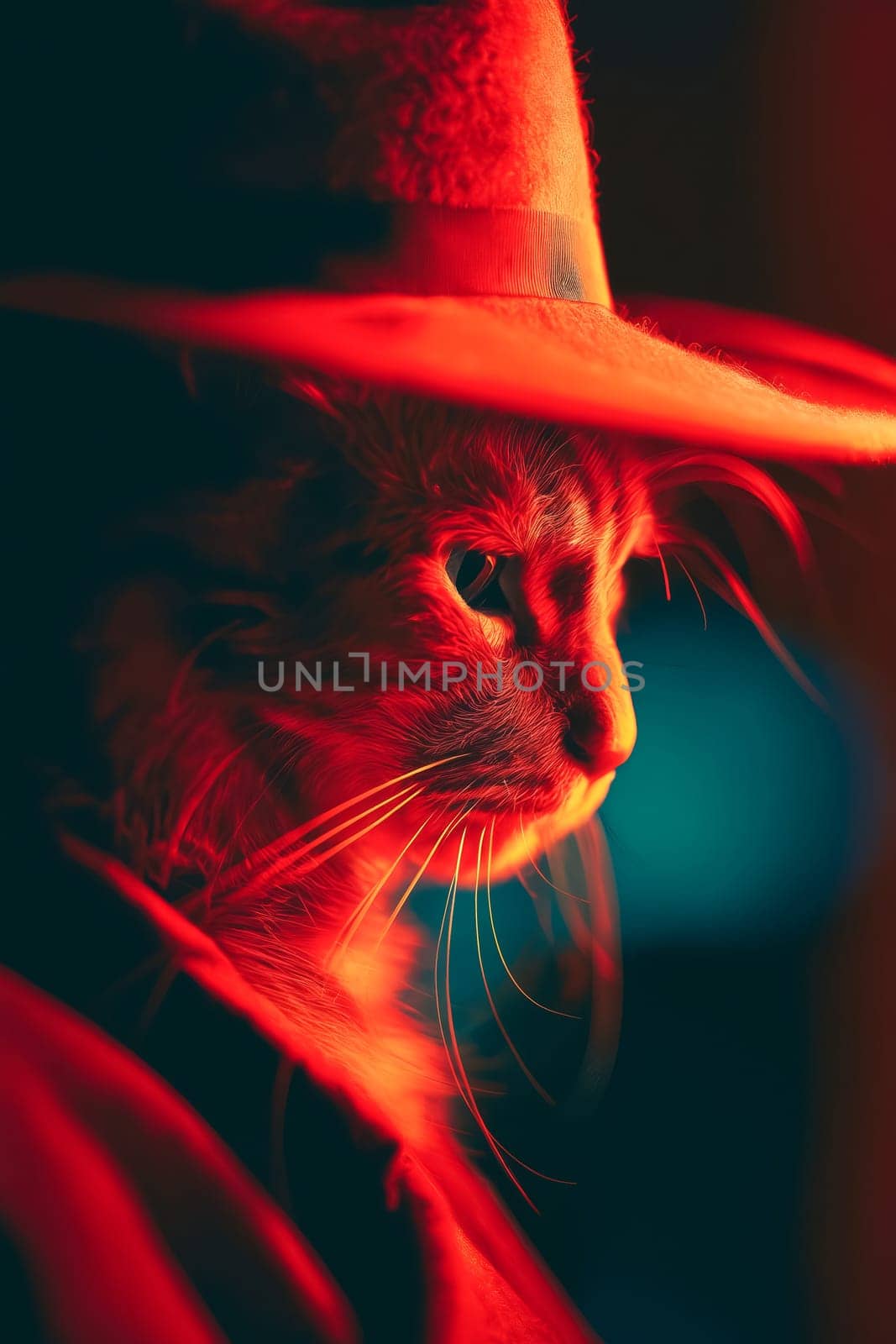 A cat wearing a red hat is the main focus of the image. The hat is positioned above the cat's head, and the cat's eyes are visible. Generative AI