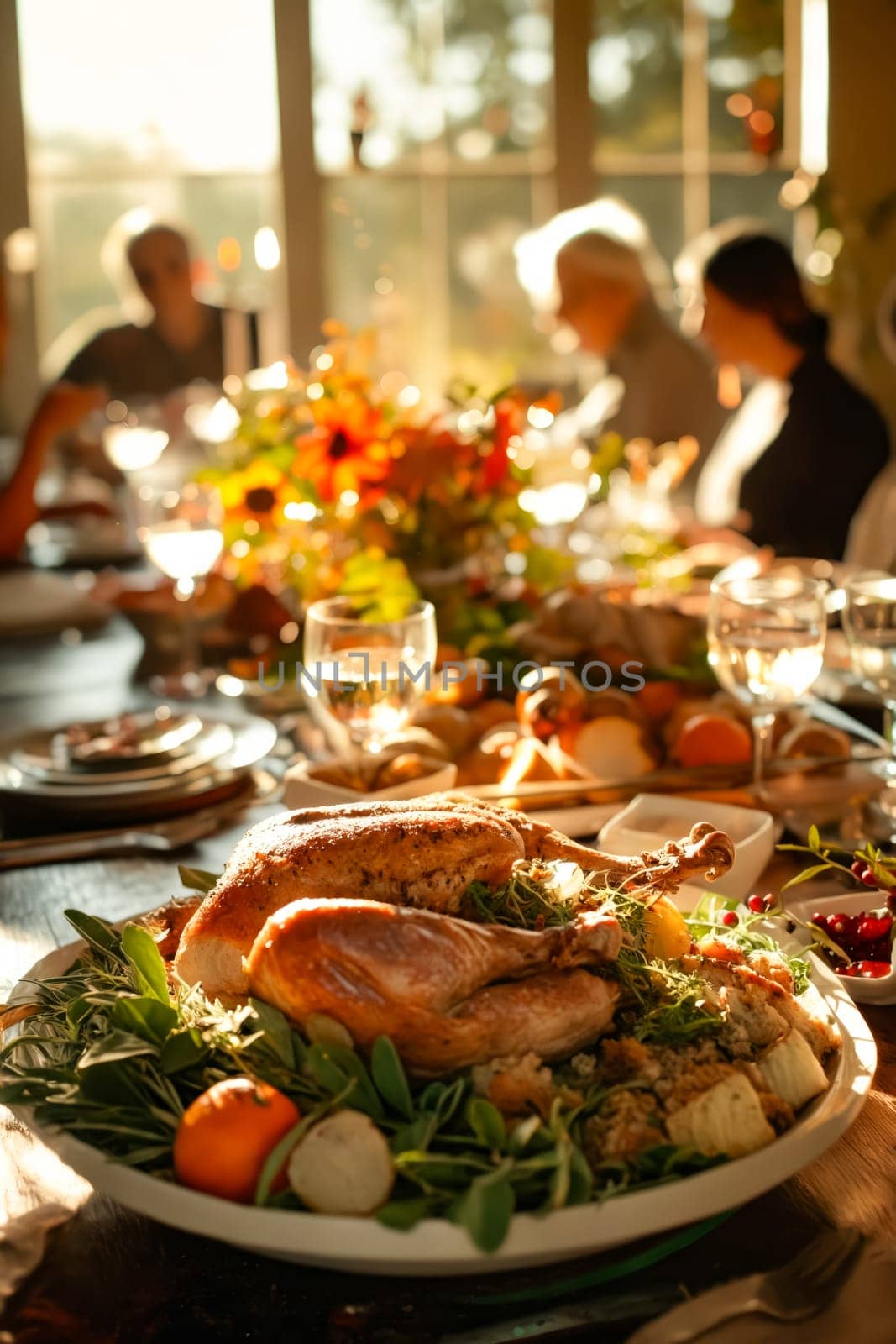 A large turkey is surrounded by a variety of vegetables and fruits on a white plate. The table is set for a family dinner with multiple people seated around it. Scene is warm and inviting. Generative AI