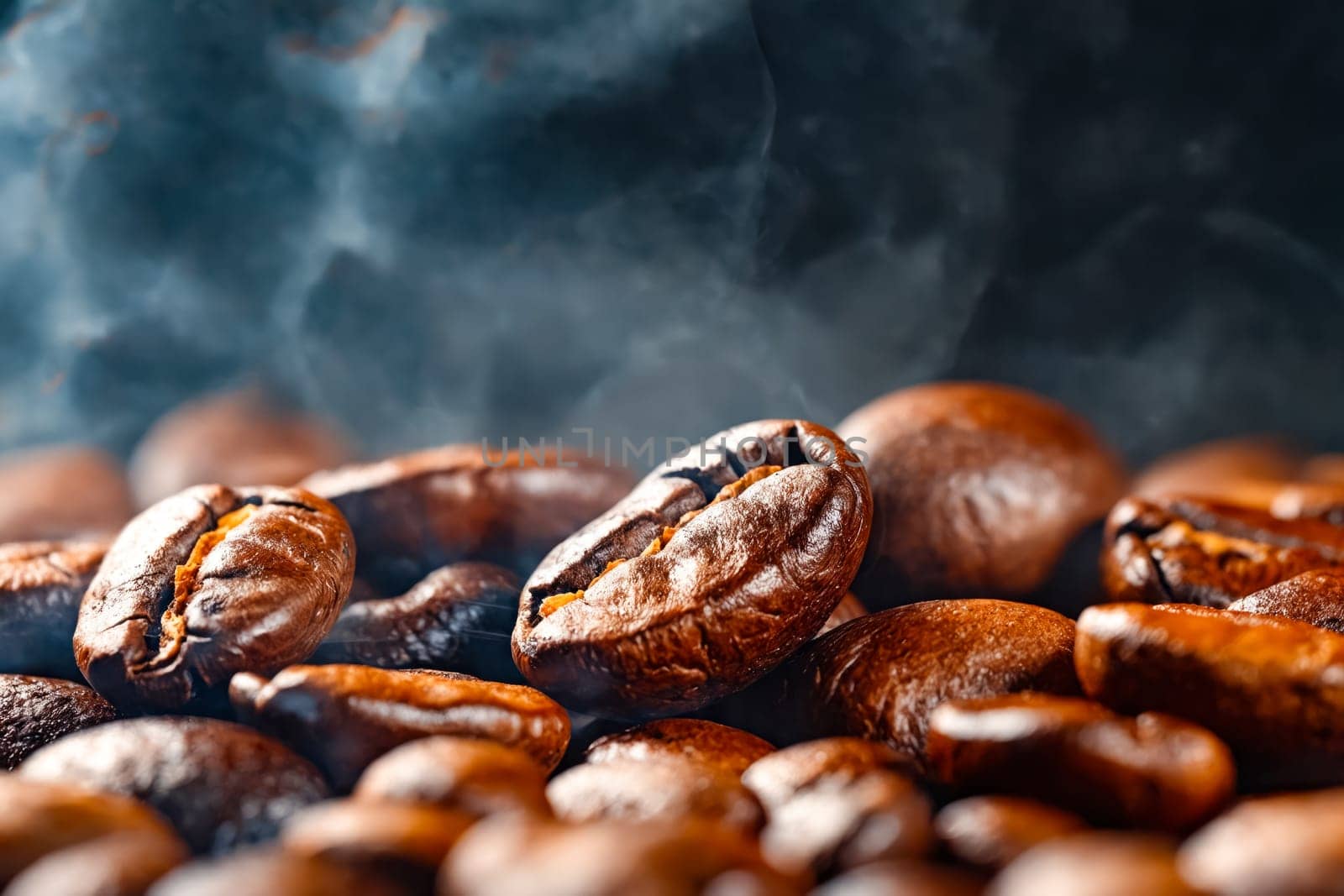 A close up of coffee beans with steam rising from them. Concept of warmth and comfort, as the steam and the aroma of the coffee beans evoke feelings of relaxation and coziness. Generative AI