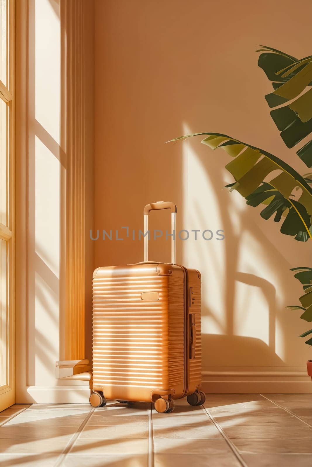 A tan suitcase sits on a tiled floor in front of a window. The sunlight casts a shadow on the suitcase, creating a warm and inviting atmosphere. Generative AI