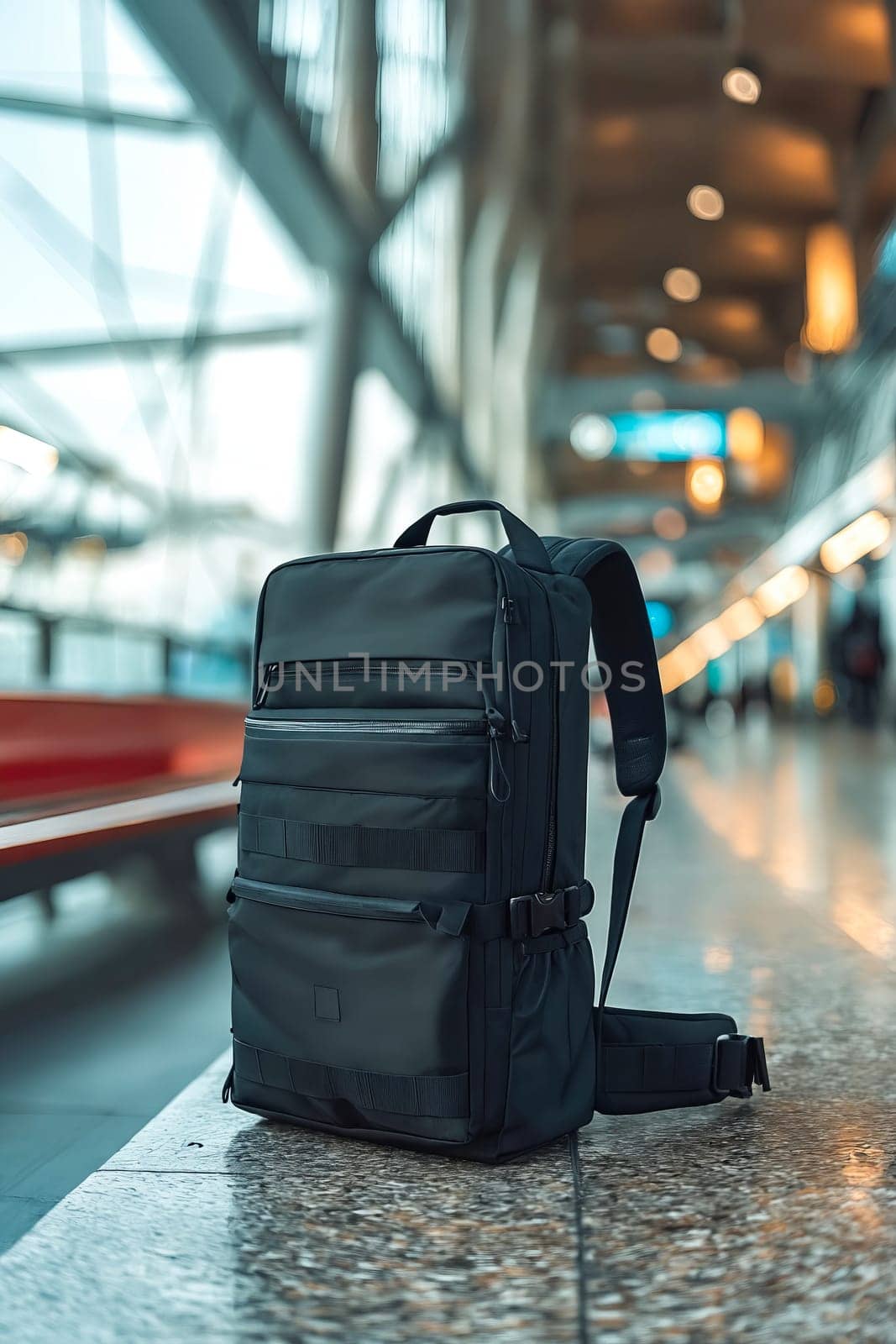 A black backpack is sitting on a bench in a train station. The backpack is large and has a lot of compartments, making it a good choice for carrying many items. Generative AI