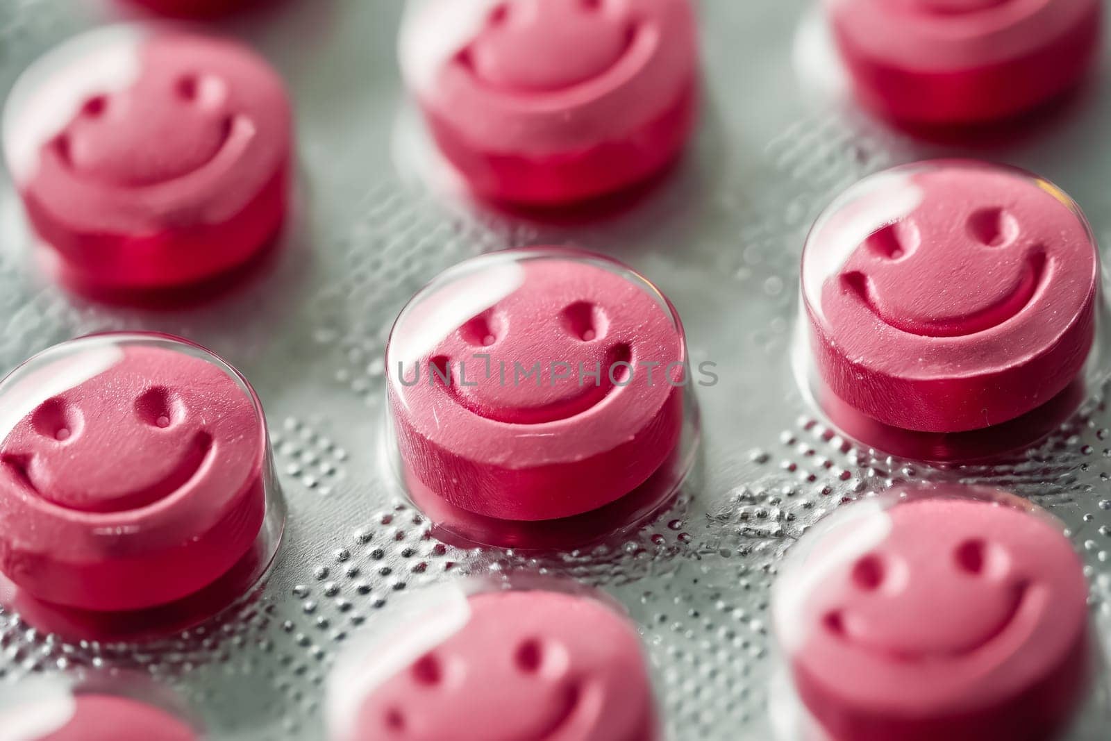 A row of pink pills with smiling faces on them. The pills are arranged in a row and are all the same color. Generative AI