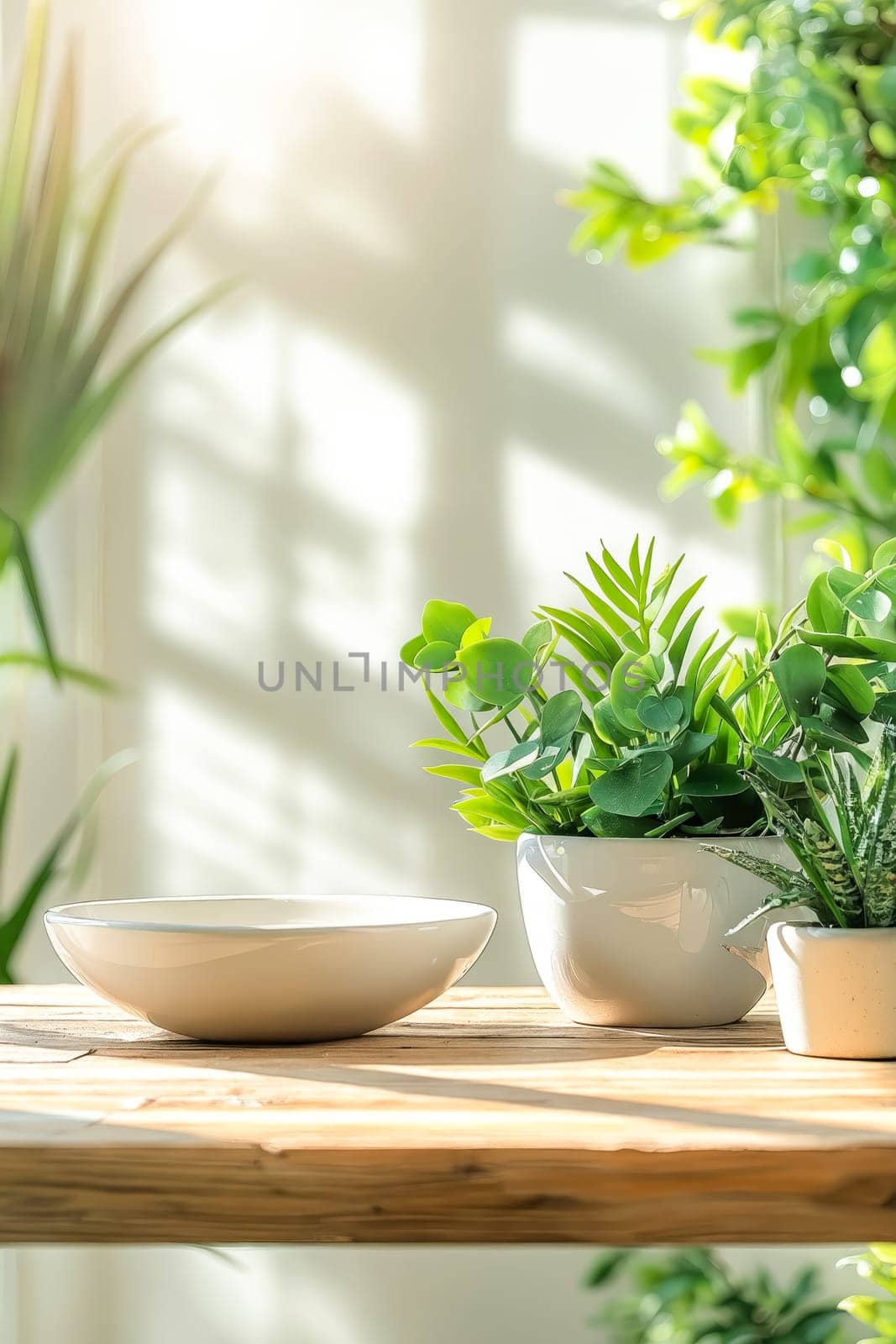 A table with three potted plants and a white bowl. The table is in a room with sunlight coming in from the window. Generative AI