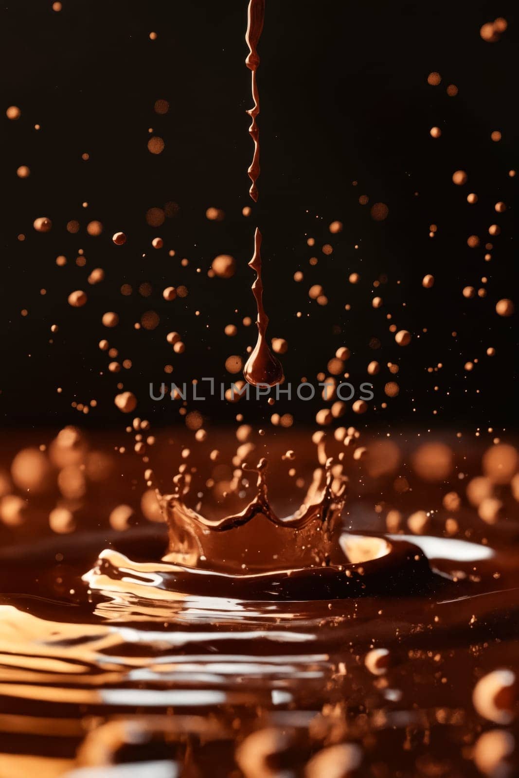 A chocolate splash is falling from the sky. The image has a moody and dramatic feel, as the chocolate droplets seem to be falling from a great height. Generative AI