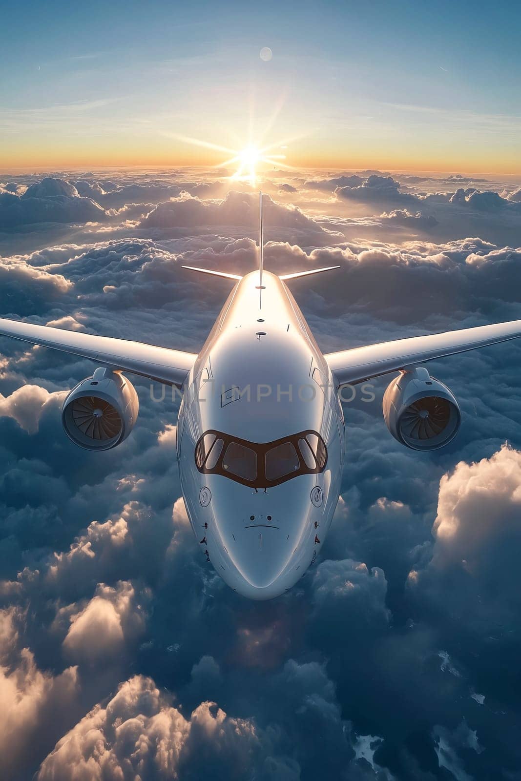 A large white airplane is flying through a cloudy sky. The sun is shining brightly, casting a warm glow on the plane. Concept of freedom and adventure, as the airplane soars through the sky. Generative AI