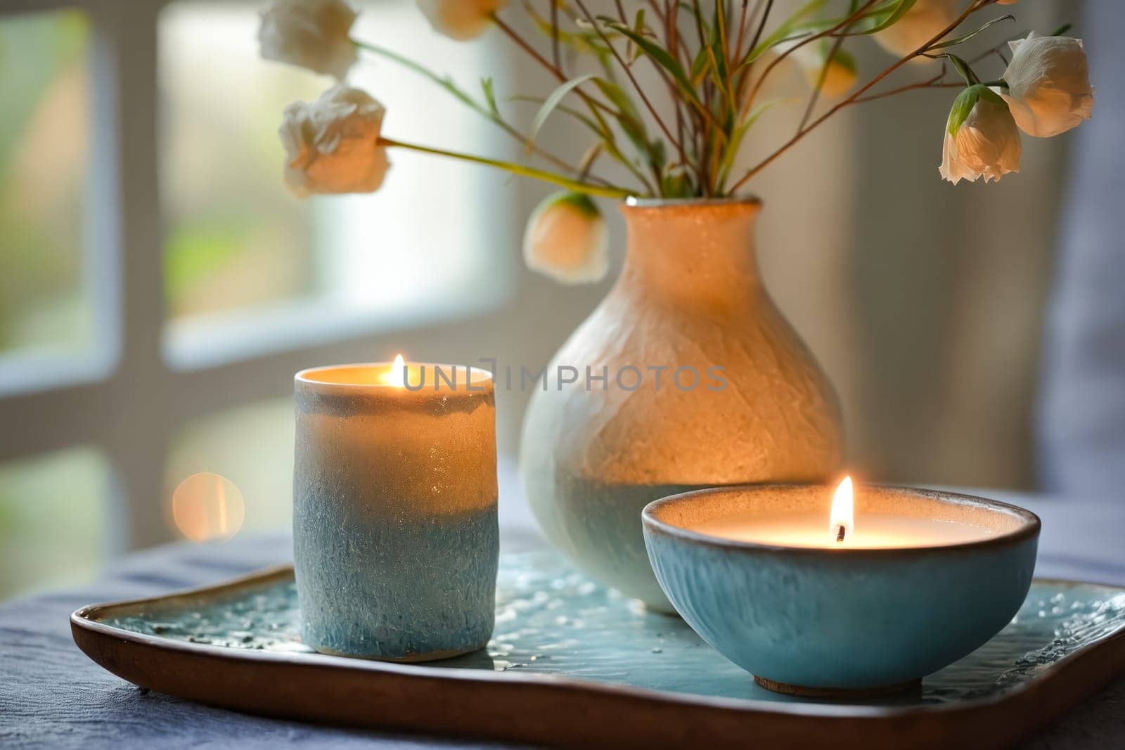 A vase with a white flower and a candle in it sits on a tray. The candle is lit, creating a warm and inviting atmosphere. The vase and candle are placed on a table, which is also adorned with a bowl. Generative AI