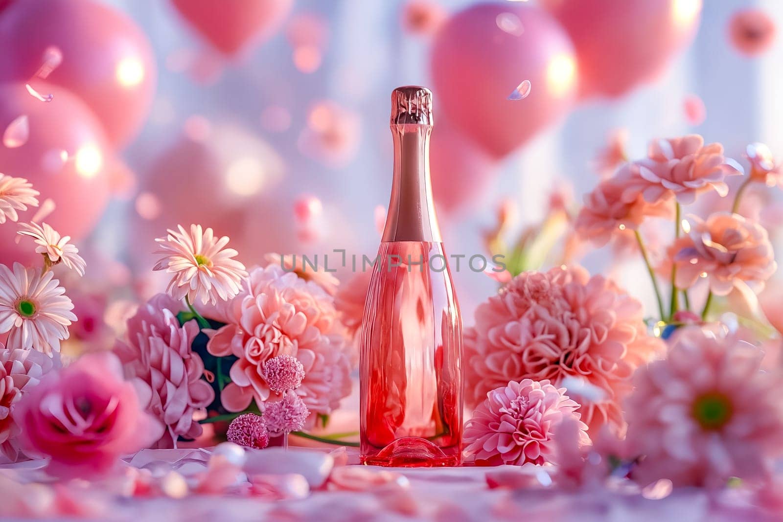 A bottle of pink champagne is surrounded by pink flowers. The flowers are arranged in a way that they are scattered around the bottle, creating a sense of celebration and festivity. Generative AI