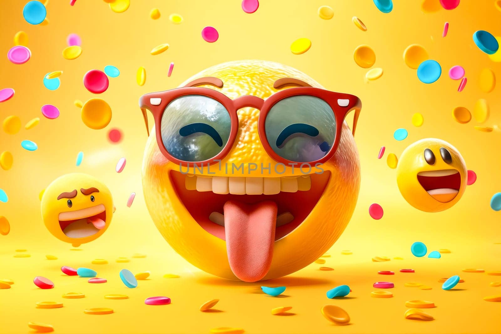 A yellow emoji with glasses and a tongue sticking out is surrounded by colorful confetti. The image conveys a lighthearted and fun mood, as the emoji appears to be enjoying the confetti. Generative AI