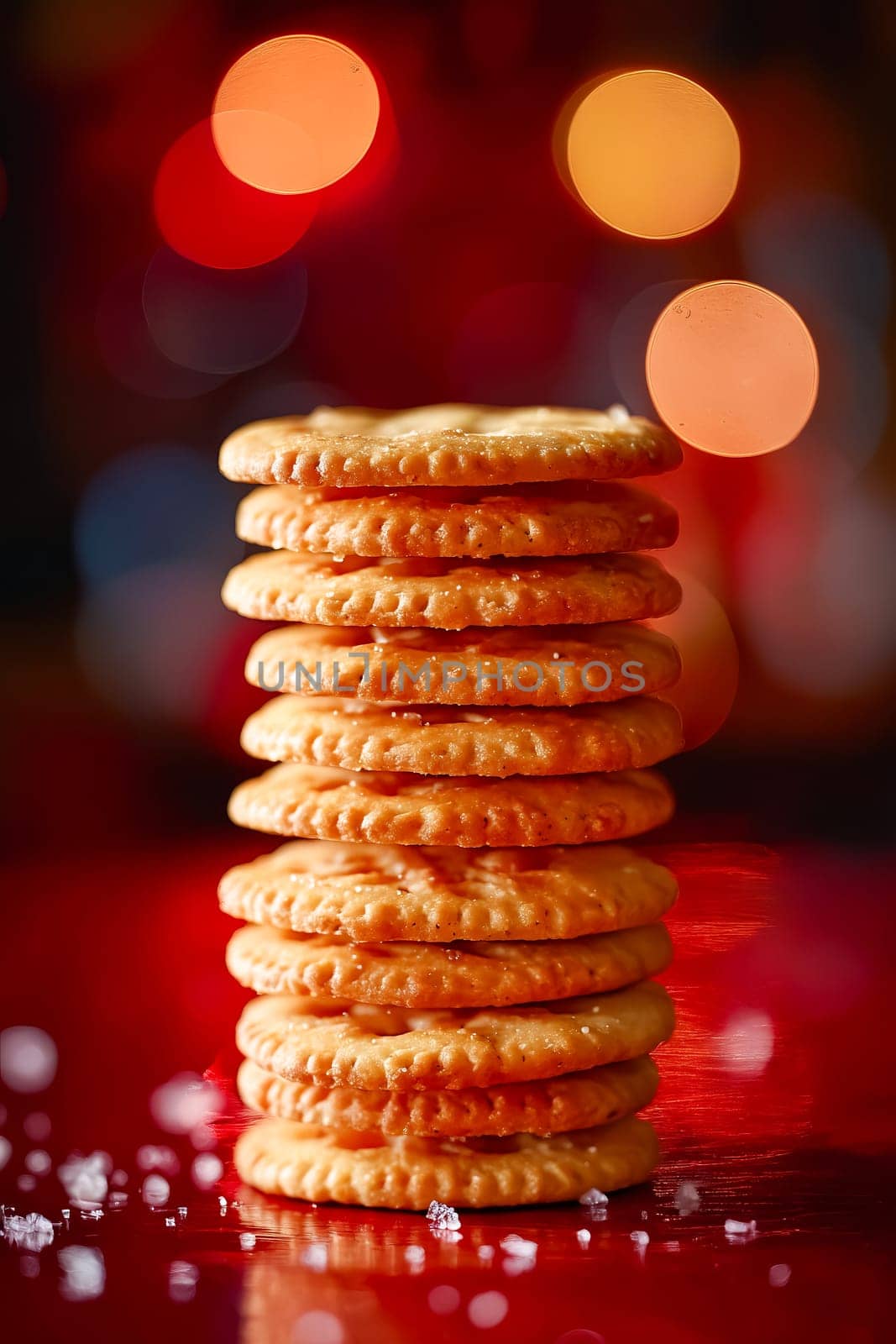 A stack of crackers on a red background. The crackers are piled up in a pyramid shape. Generative AI