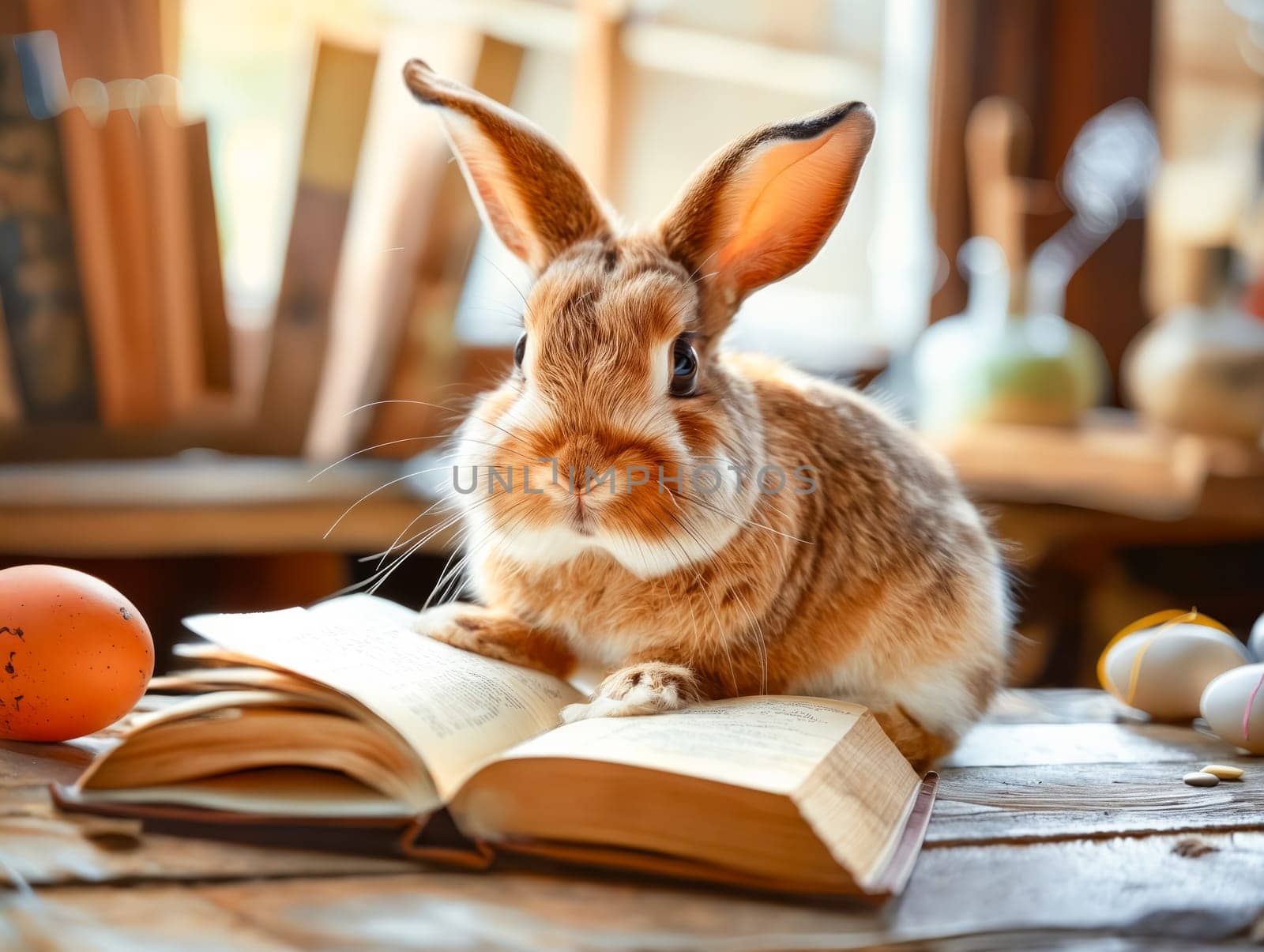 A rabbit is sitting on top of an open book, looking at the camera. The scene is playful and lighthearted, with the rabbit seemingly enjoying the attention. The presence of the book. Generative AI