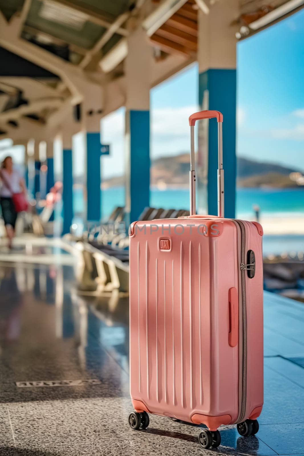 A pink suitcase is sitting on a tarmac in front of a blue and white building. The suitcase is open and ready for travel. Generative AI