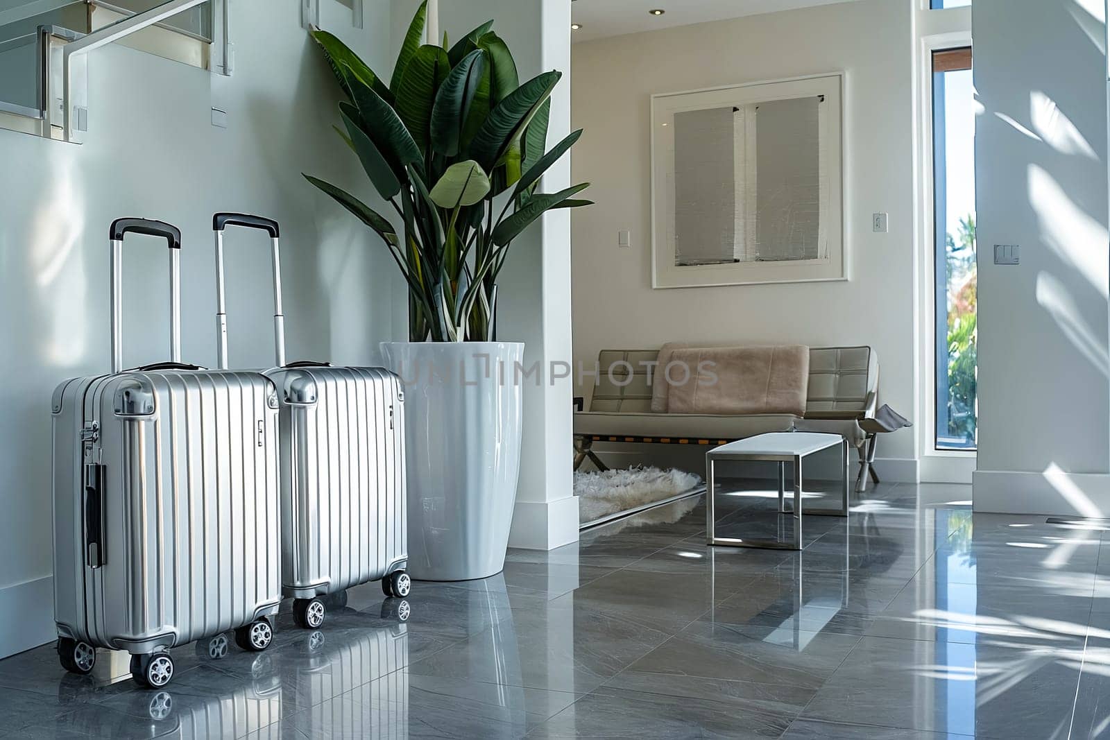Two silver suitcases are sitting in a room with a white vase and a potted plant. The room has a modern and minimalist design, with a couch and a coffee table. Generative AI