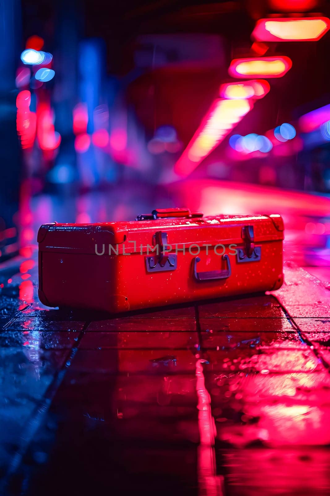 A red suitcase is sitting on a wet sidewalk. The scene is set in a city at night, with bright lights and a blurry background. The suitcase is the main focus of the image. Generative AI