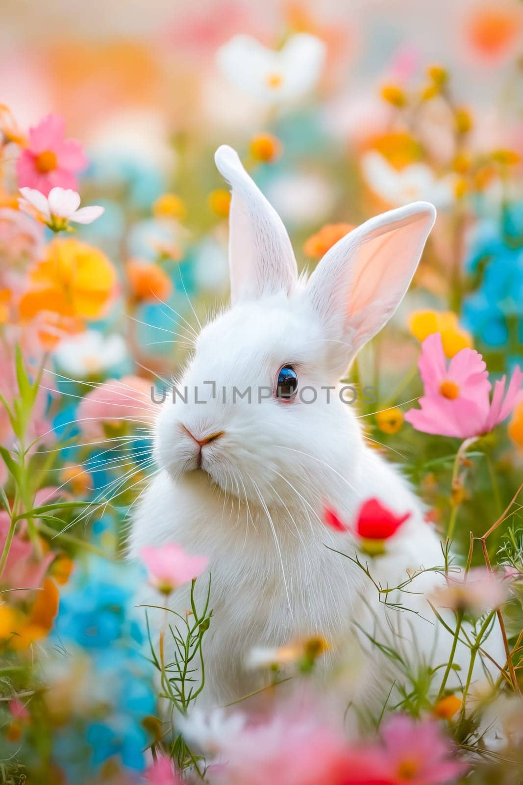 A white rabbit is standing in a field of flowers. The rabbit is looking at the camera with a curious expression. The scene is bright and colorful, with a variety of flowers in different colors. Generative AI