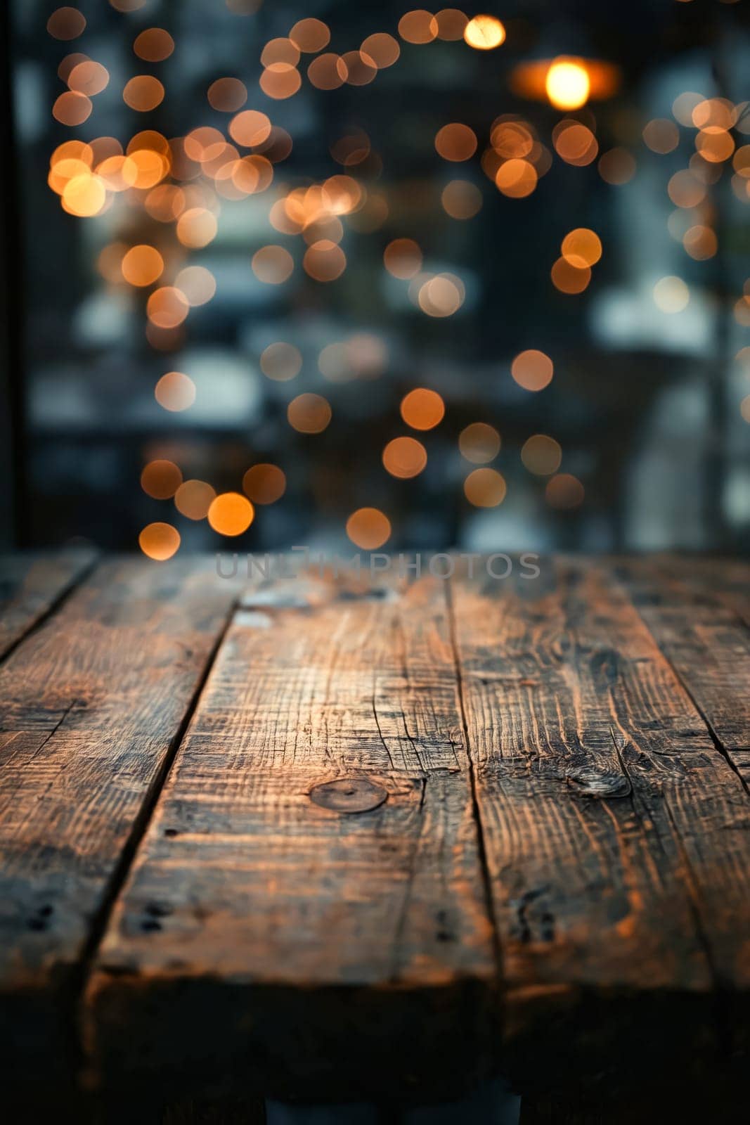 A wooden table with a blurry background and a few lights in the background. The table is empty and the background is blurry, giving the image a dreamy and ethereal feel. Generative AI