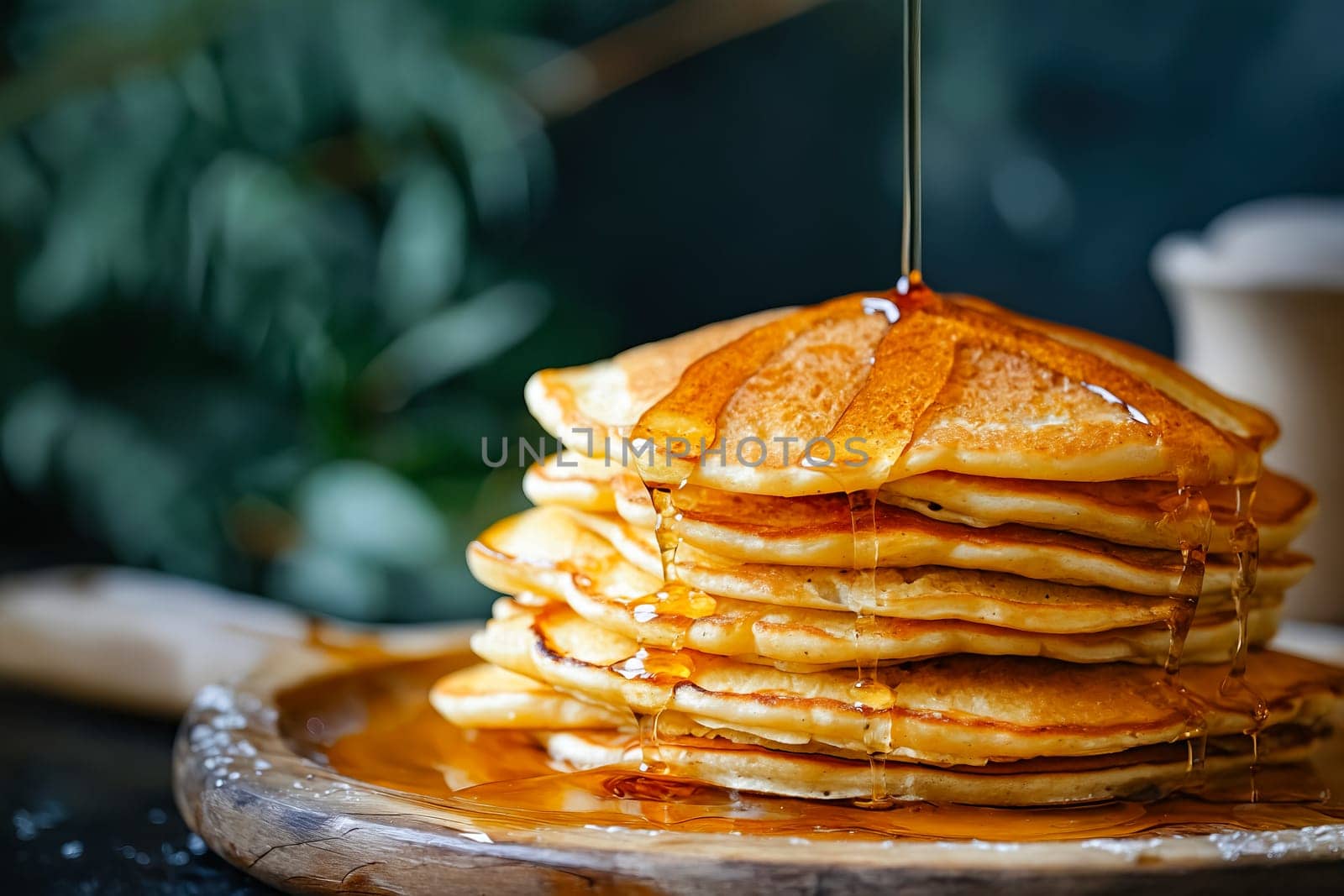 A stack of pancakes with syrup dripping from them. The pancakes are piled high and look delicious. Concept of indulgence and satisfaction, as if someone is about to enjoy a hearty breakfast. Generative AI