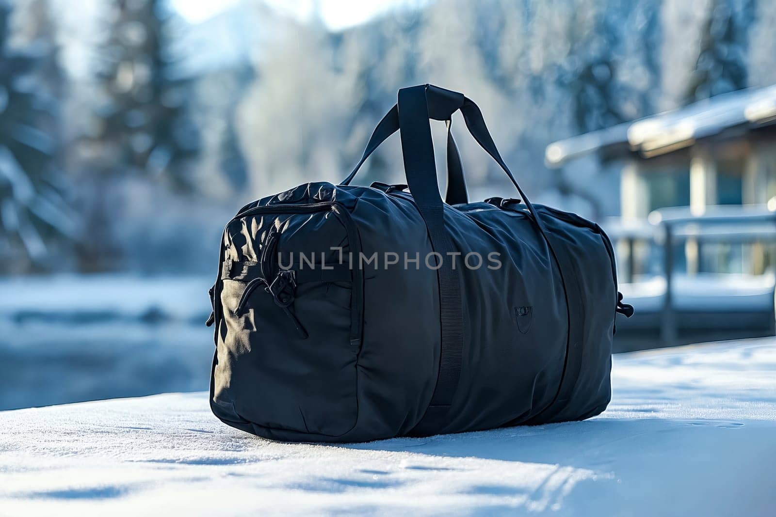 A black duffle bag is sitting on a snowy surface. The bag is large and has a black strap. The scene is peaceful and serene, with the snow-covered ground and the bag creating a sense of calmness. Generative AI