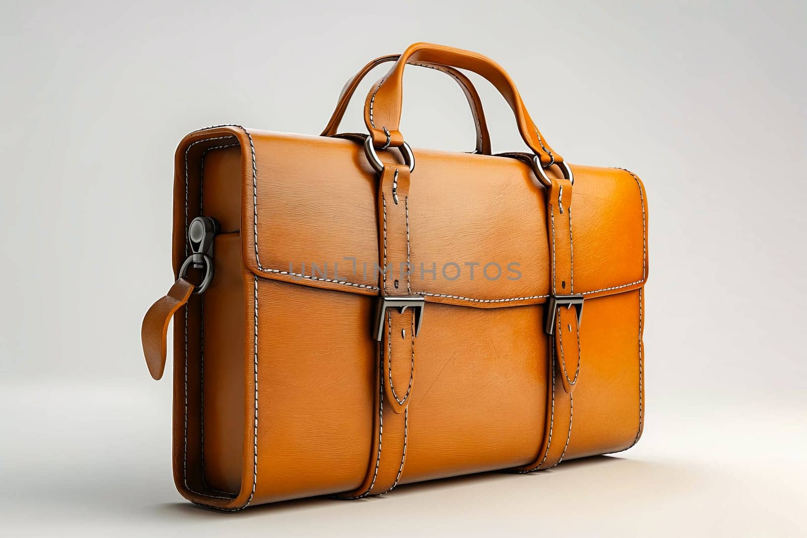 A brown leather briefcase with a gold zipper. The briefcase is sitting on a white background. Generative AI