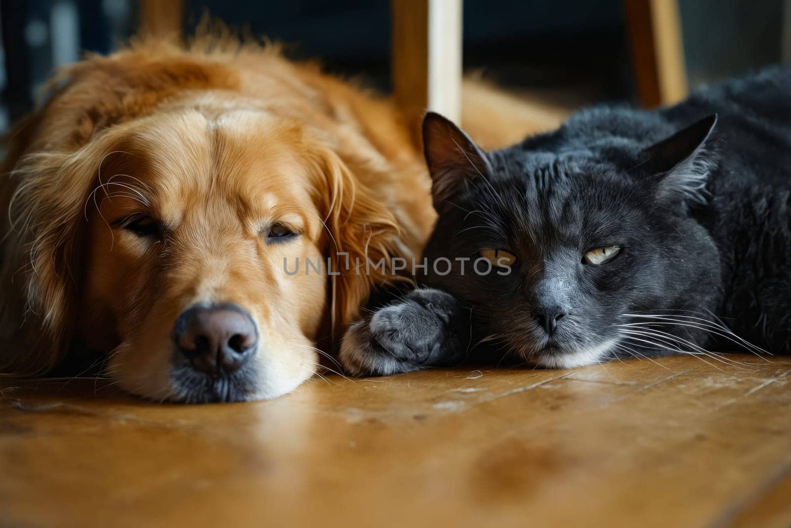 A dog and a cat are laying on the floor next to each other. Generative AI