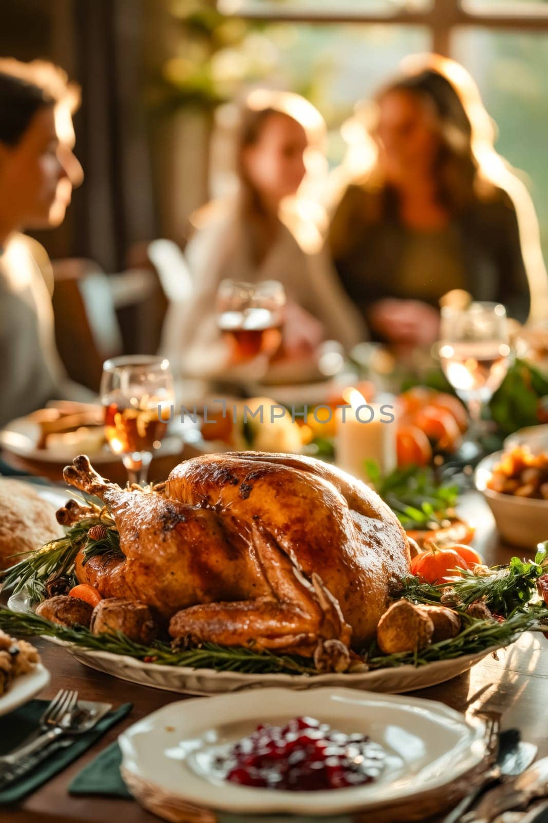 A large turkey is on a table with a group of people around it. The table is set with plates, glasses, and utensils, and there are several bowls of food. Scene is festive and celebratory. Generative AI