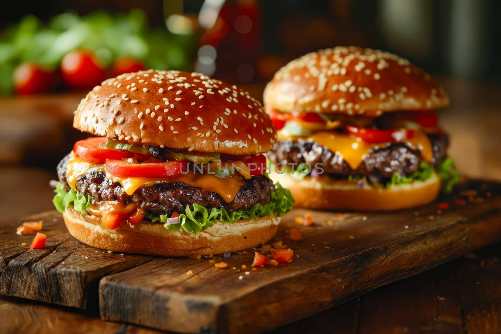 Two hamburgers with lettuce and tomatoes on top of a wooden table. The hamburgers are placed next to each other and are ready to be eaten. Generative AI