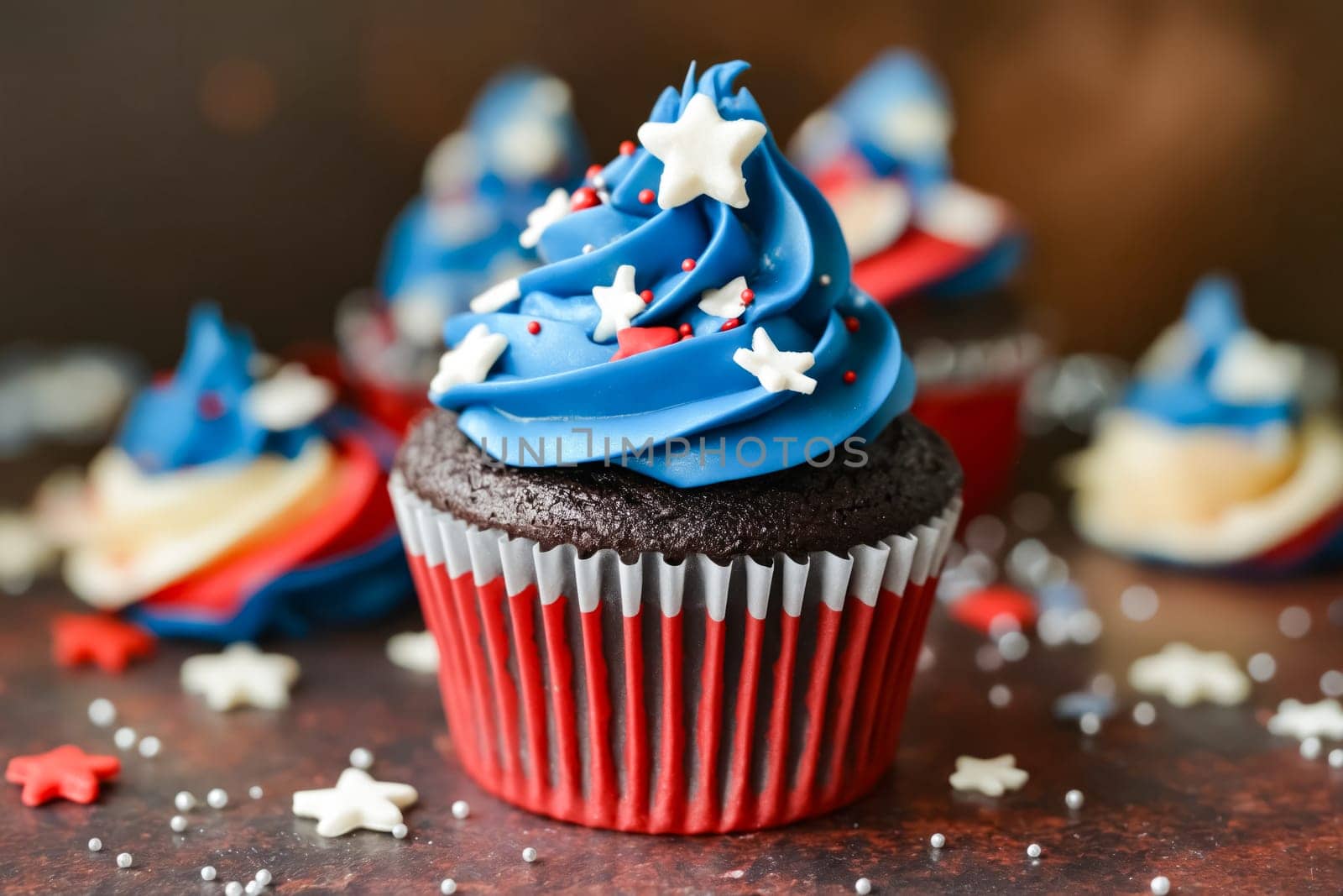A cupcake with blue frosting and red stars on top. The cupcake is decorated with patriotic colors and stars, making it a festive treat for the Fourth of July. Generative AI