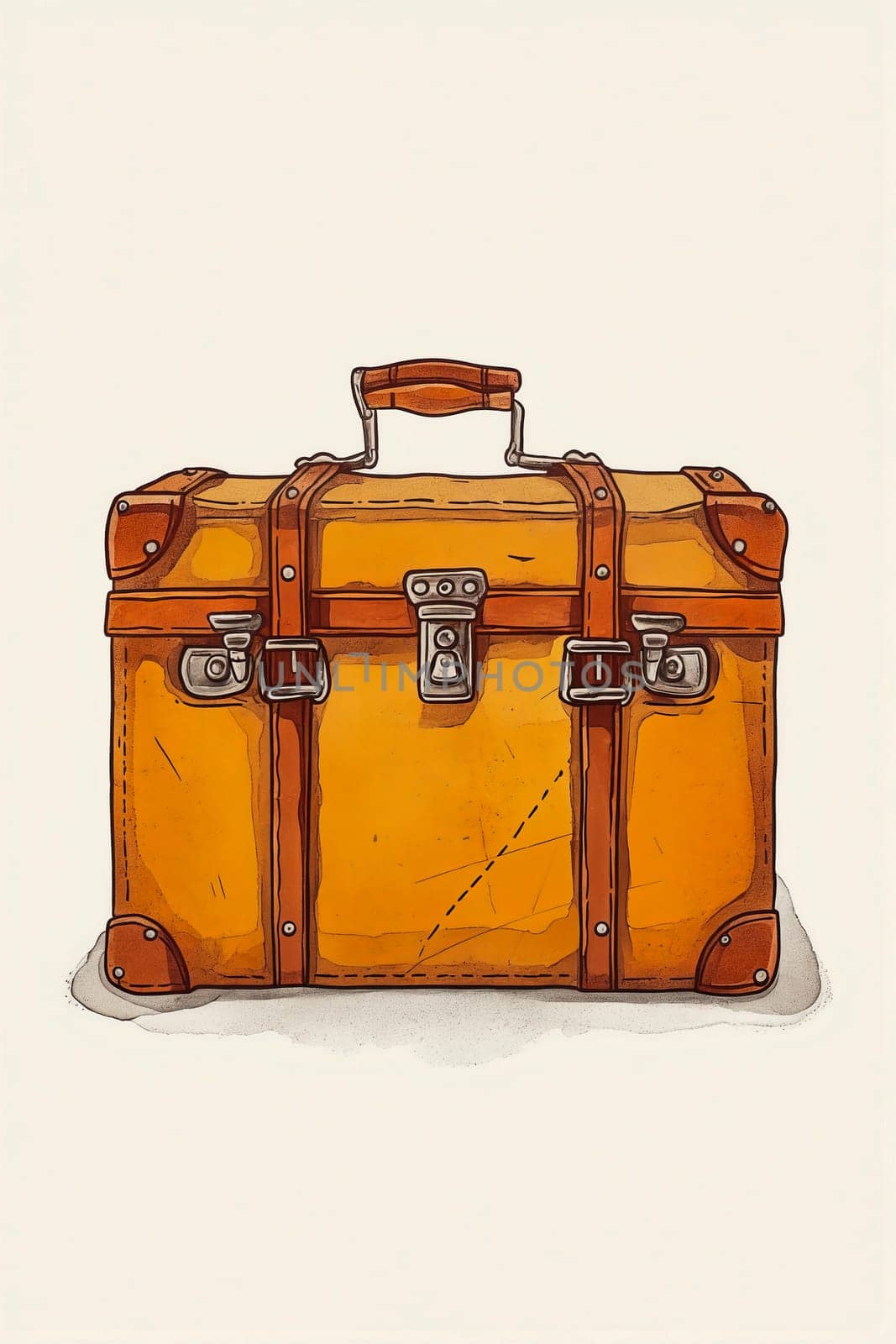 A vintage brown suitcase with a gold handle sits on a white background. The suitcase is old and worn, with a sense of nostalgia and adventure. The image evokes feelings of travel and exploration. Generative AI