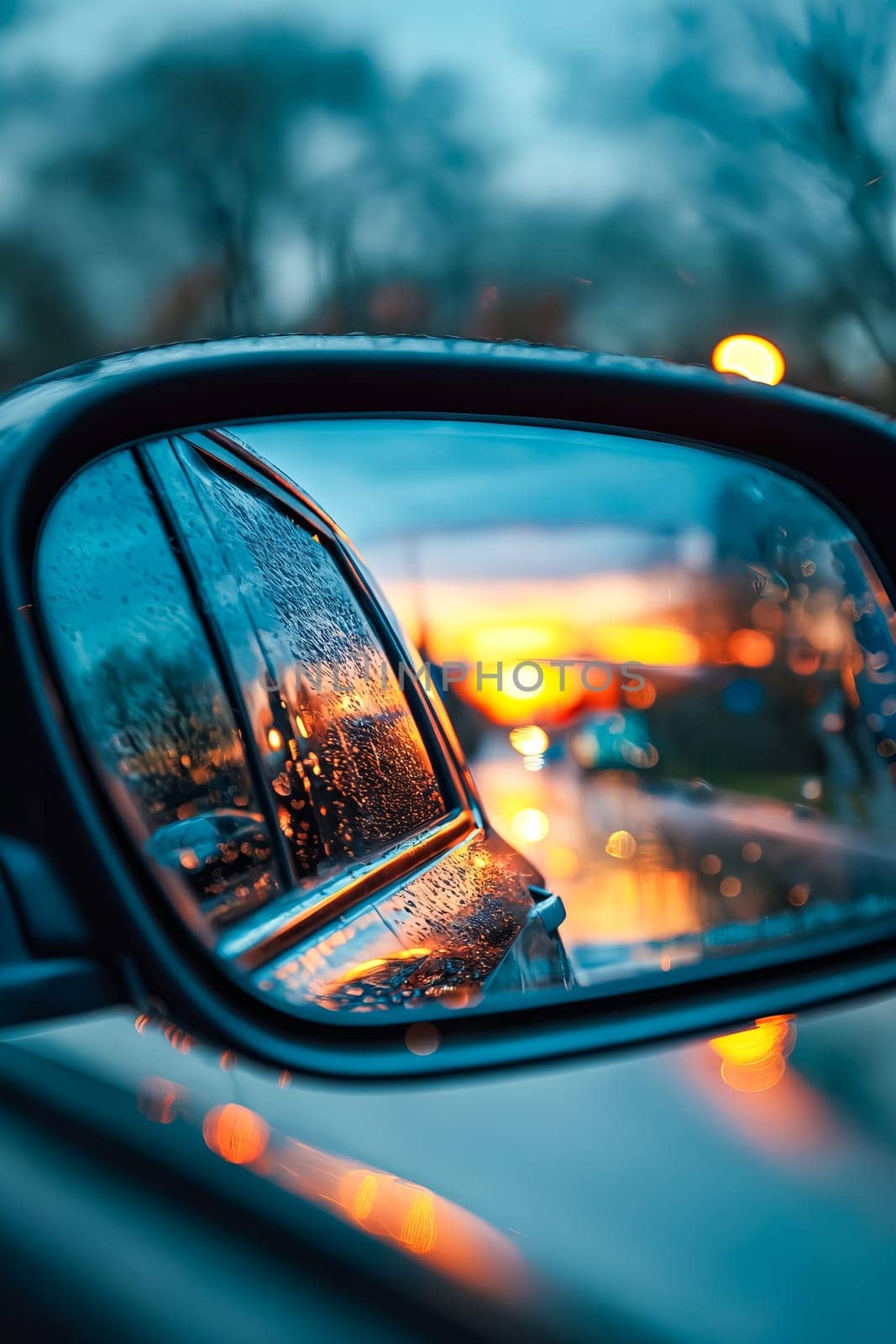 A car's rear view mirror is fogged up and the reflection of the car is blurry. The scene is set at dusk, with the sun setting in the background. Generative AI