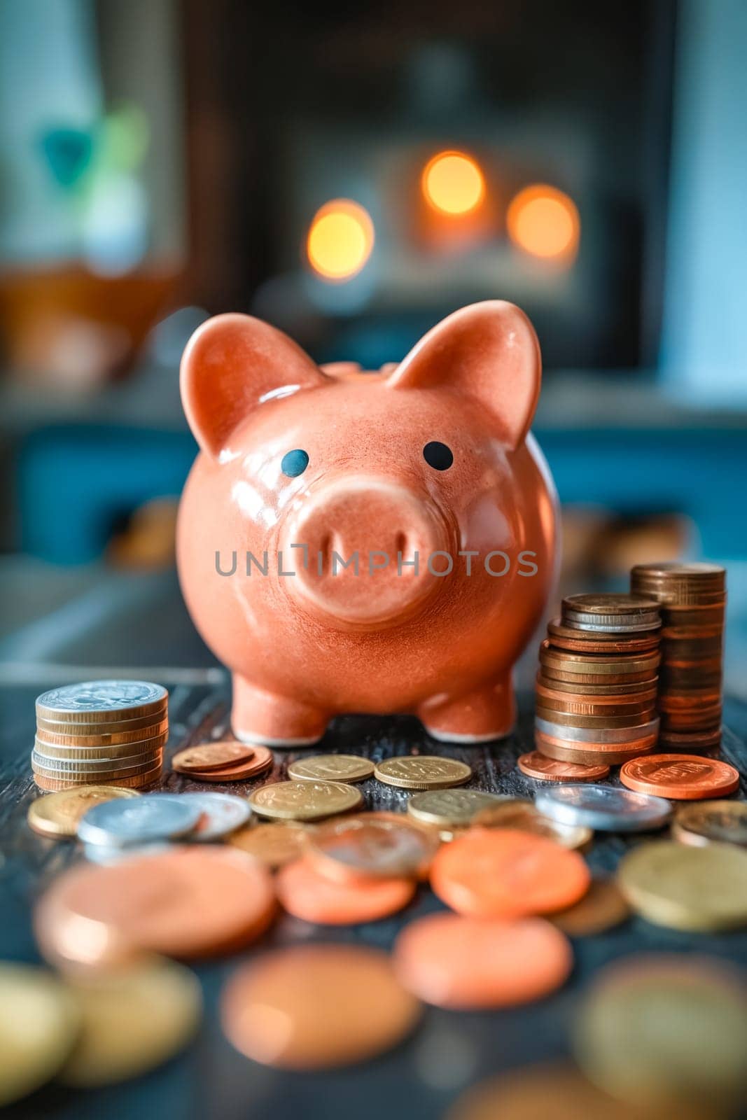 A piggy bank is sitting on a table with a pile of coins. The coins are of different sizes and colors, and the piggy bank is red. Concept of saving money and the importance of financial responsibility. Generative AI