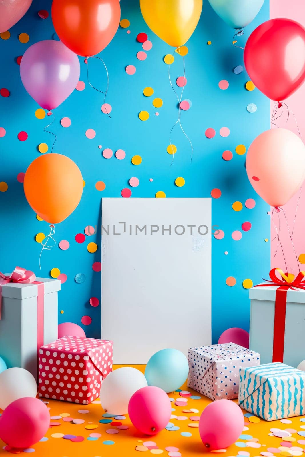 A colorful room with balloons and presents, with a white sign that says "Happy Birthday". Scene is festive and celebratory. Generative AI