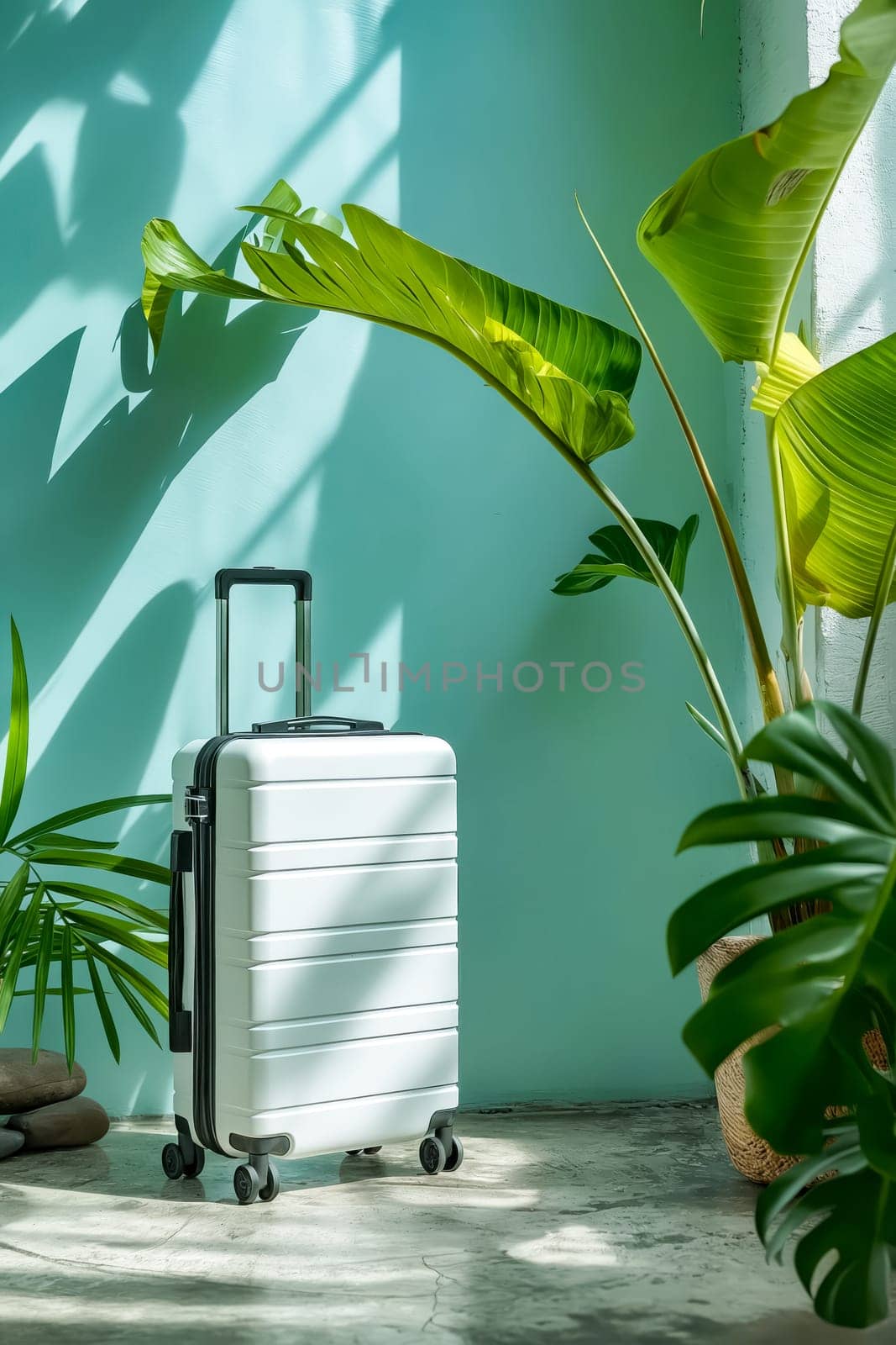 A white suitcase is sitting in front of a green plant. The scene is peaceful and calming, with the green plant providing a sense of nature and tranquility. Generative AI