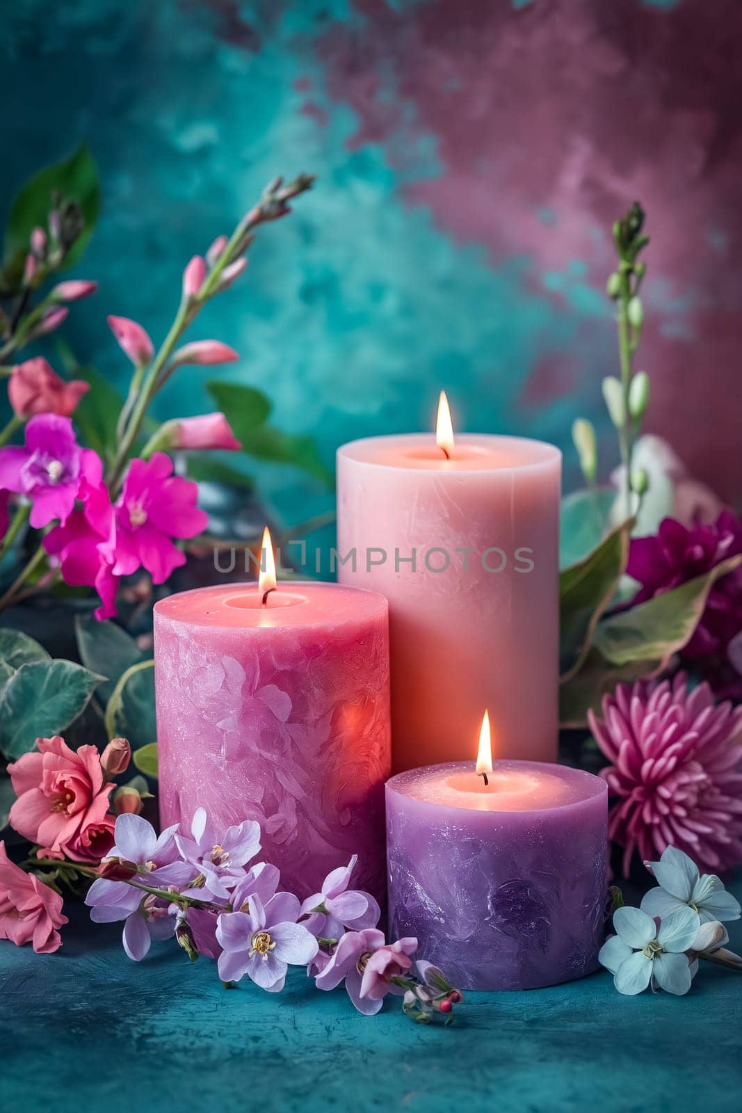 Three candles are lit and placed on a table with flowers. The candles are pink and purple, and the flowers are pink and white. The scene creates a warm and inviting atmosphere. Generative AI