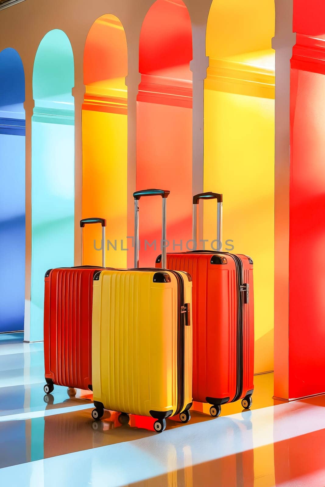 Three suitcases of different colors are lined up against a wall. The suitcases are yellow, red, and orange. The colorful suitcases are arranged in a row, creating a vibrant and eye-catching display. Generative AI