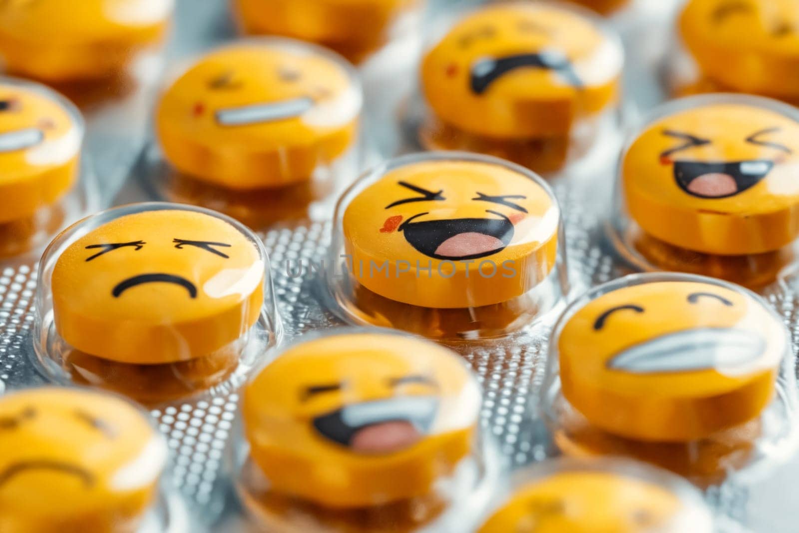 A row of yellow pills with faces on them. The faces are smiling and laughing. The pills are in a plastic container. Generative AI