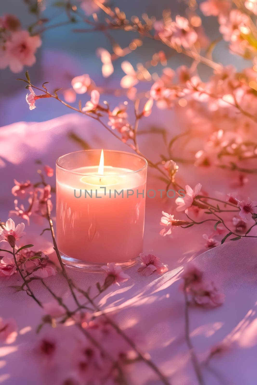 A candle is lit in a glass jar on a table with pink flowers. The candle is surrounded by pink flowers, creating a romantic and serene atmosphere. Generative AI