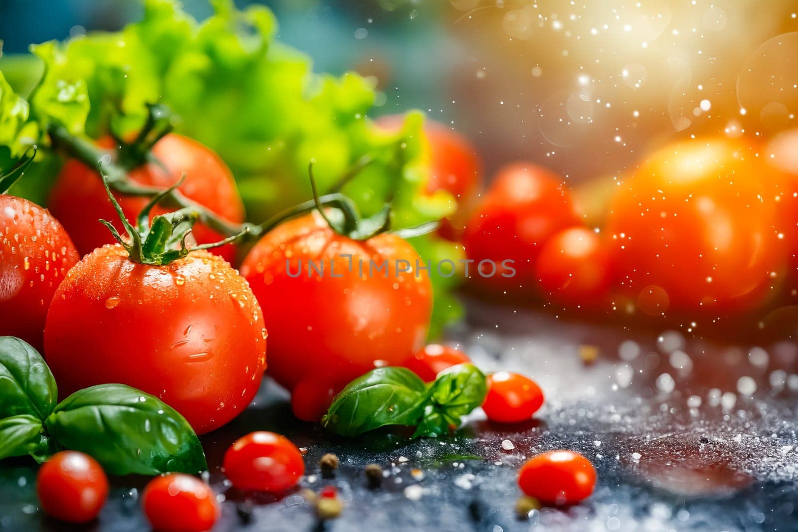 A close up of a bunch of ripe red tomatoes and green lettuce. Concept of freshness and abundance, as well as the idea of healthy eating. Generative AI