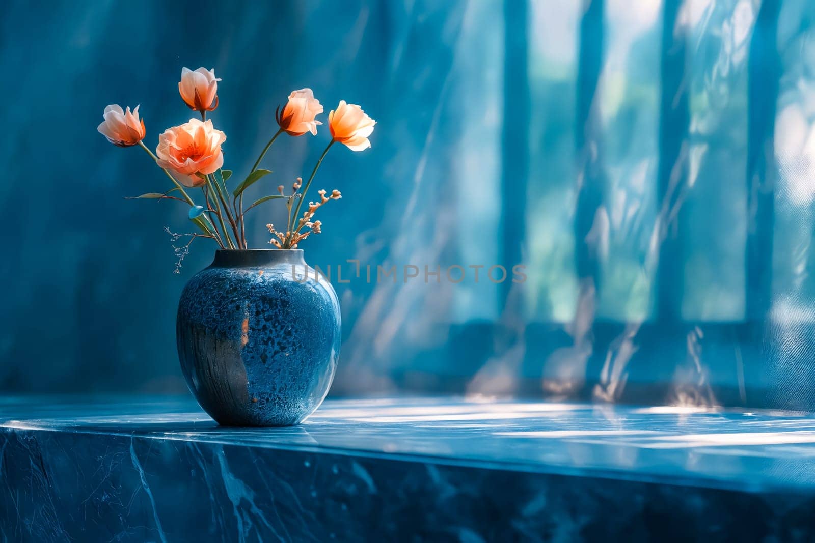 A blue vase with orange flowers sits on a marble countertop. The vase is filled with a variety of flowers, including pink and orange blossoms. The arrangement is simple yet elegant. Generative AI