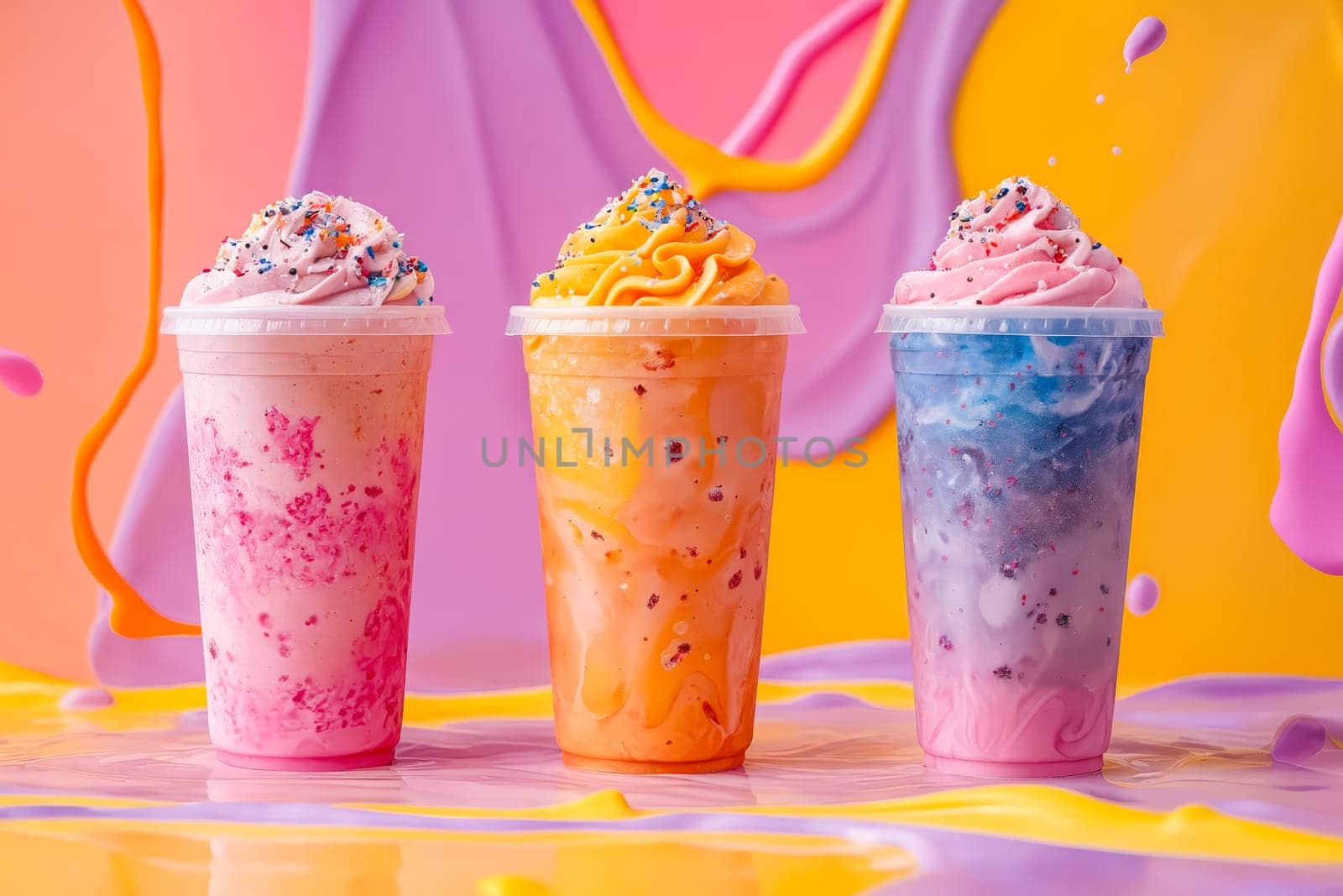 Three colorful drinks in cups with sprinkles on top. The drinks are in a row and the background is a bright yellow color. Generative AI