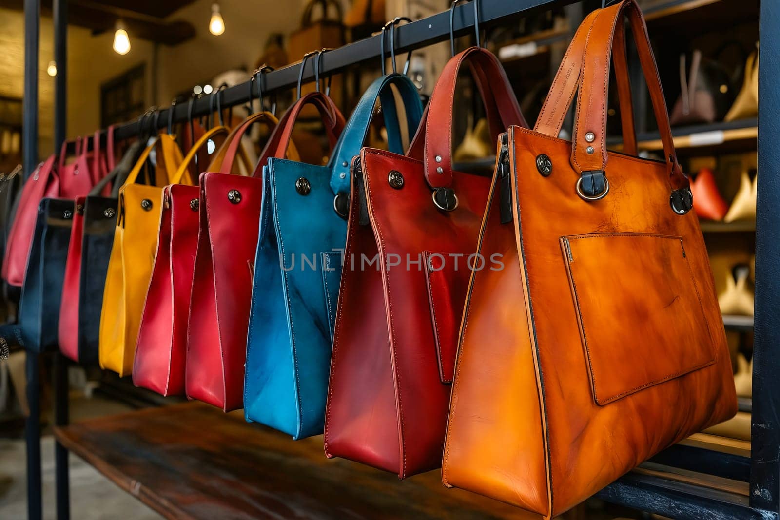 A row of colorful purses hanging on a rack. The purses are of different colors and sizes. Generative AI